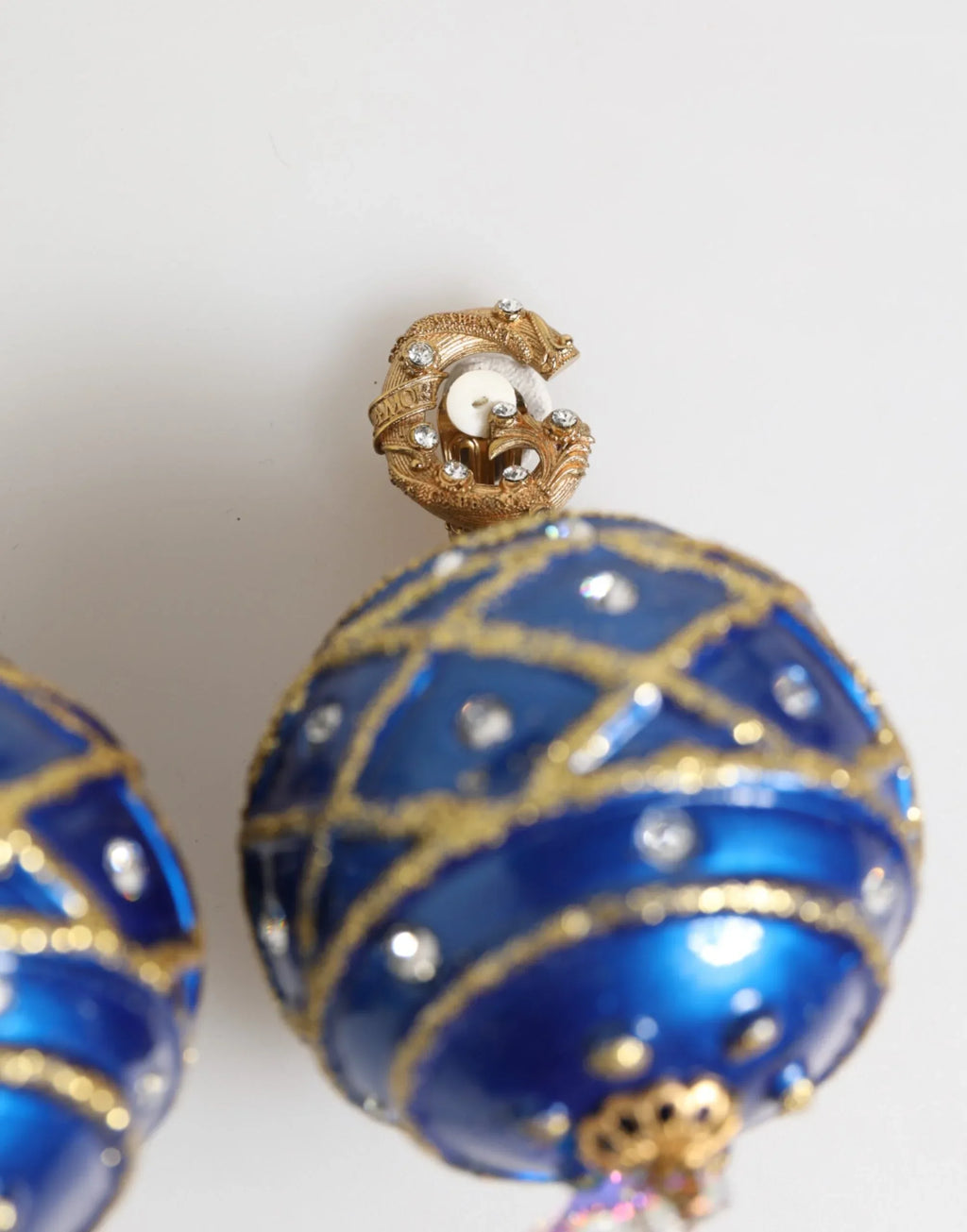 Dolce & Gabbana Gold Brass Blue Christmas Ball Crystal Drop Clip On Earrings - Zeiniez