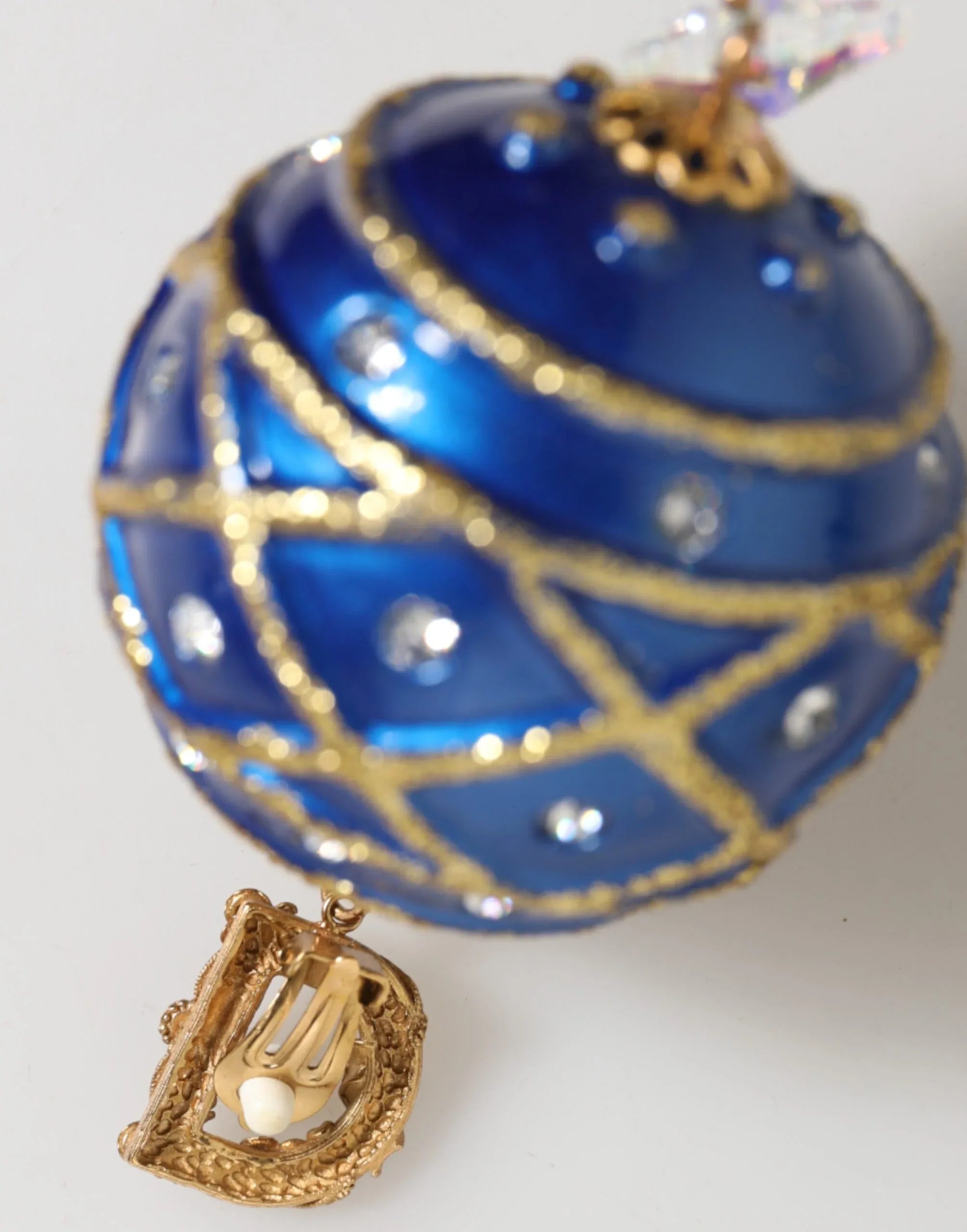 Dolce & Gabbana Gold Brass Blue Christmas Ball Crystal Drop Clip On Earrings - Zeiniez