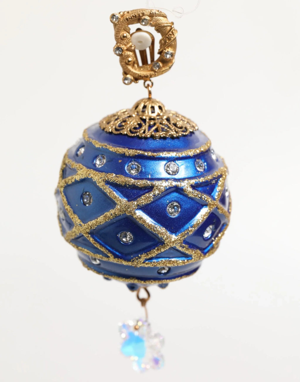 Dolce & Gabbana Gold Brass Blue Christmas Ball Crystal Drop Clip On Earrings - Zeiniez