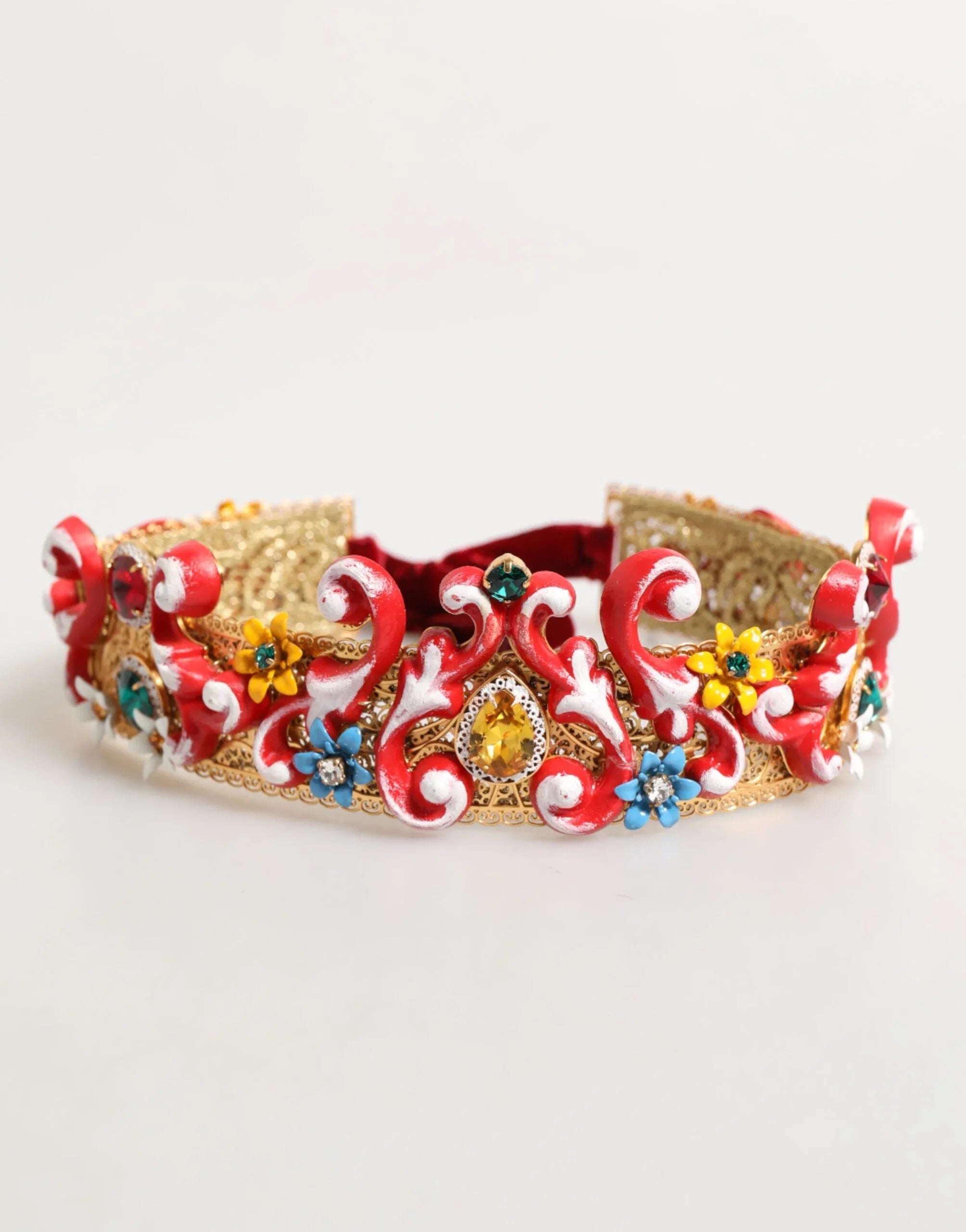 Dolce & Gabbana Red Carretto Multicolor Crystal Gold Tiara Crow Headband - Zeiniez