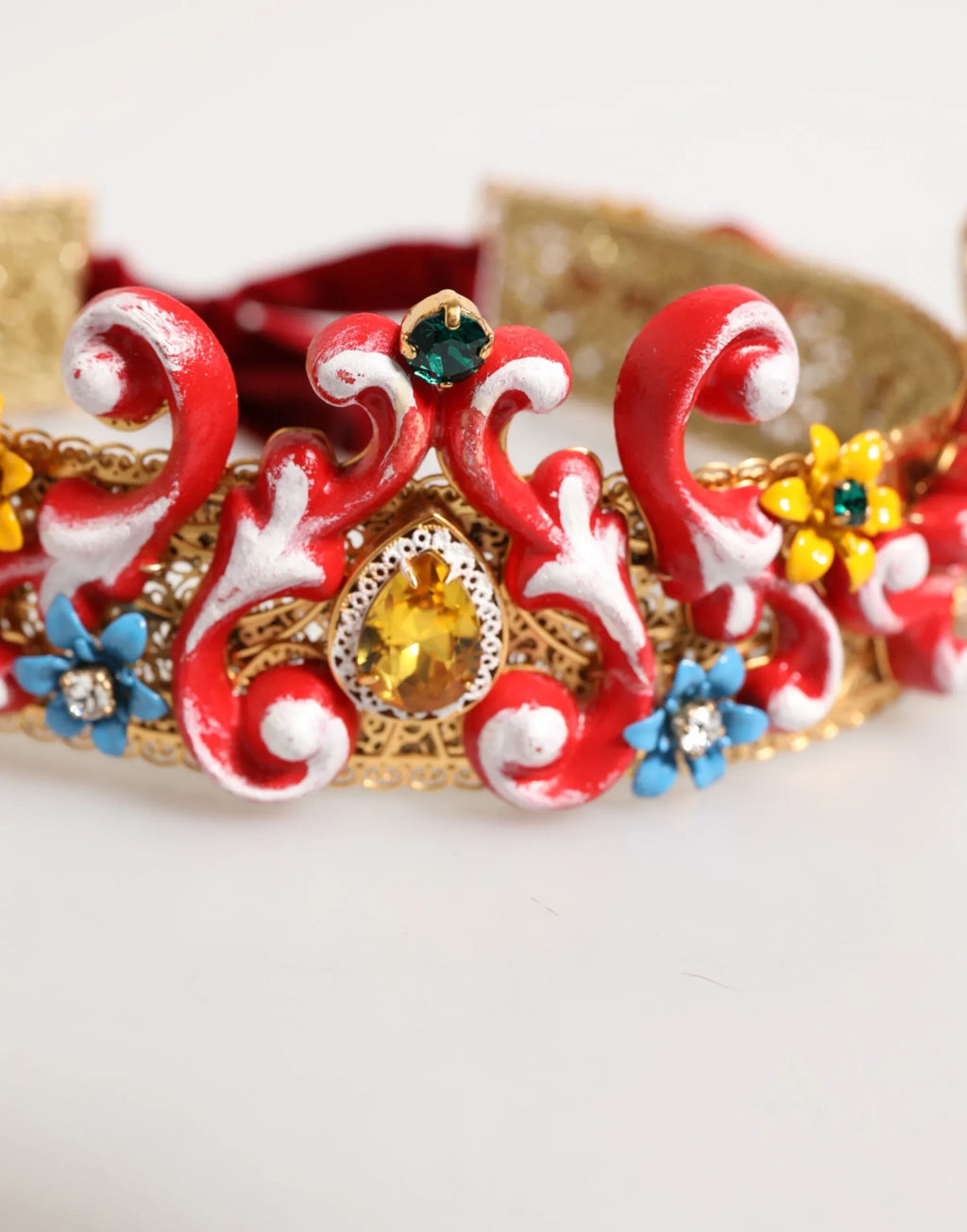 Dolce & Gabbana Red Carretto Multicolor Crystal Gold Tiara Crow Headband - Zeiniez