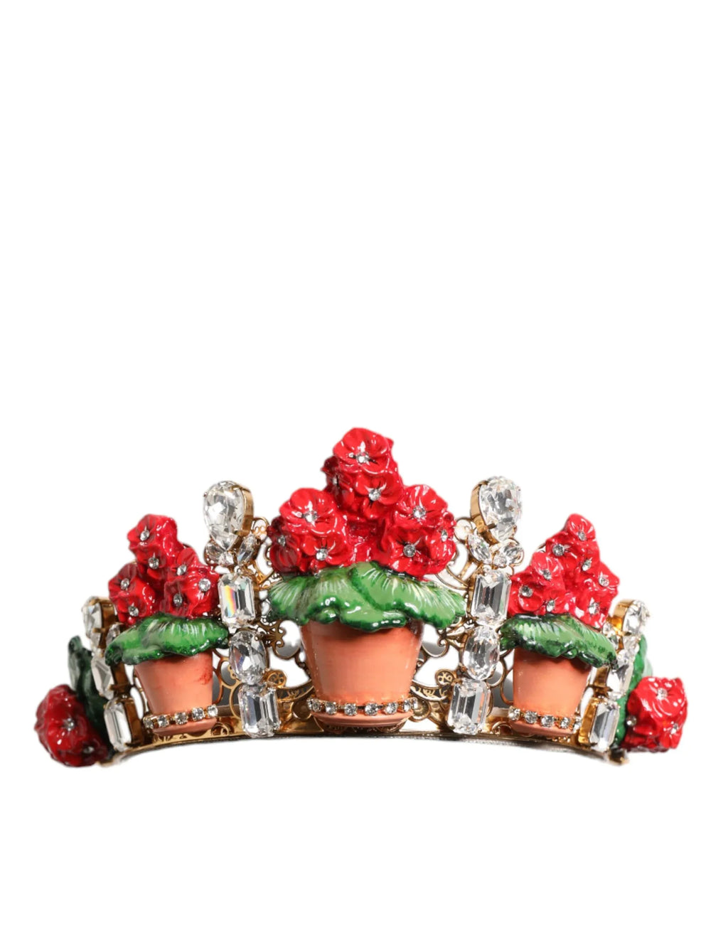 Dolce & Gabbana Red Floral Flowerpot Crystal Gold Crown Tiara Headband - Zeiniez
