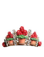 Dolce & Gabbana Red Floral Flowerpot Crystal Gold Crown Tiara Headband - Zeiniez
