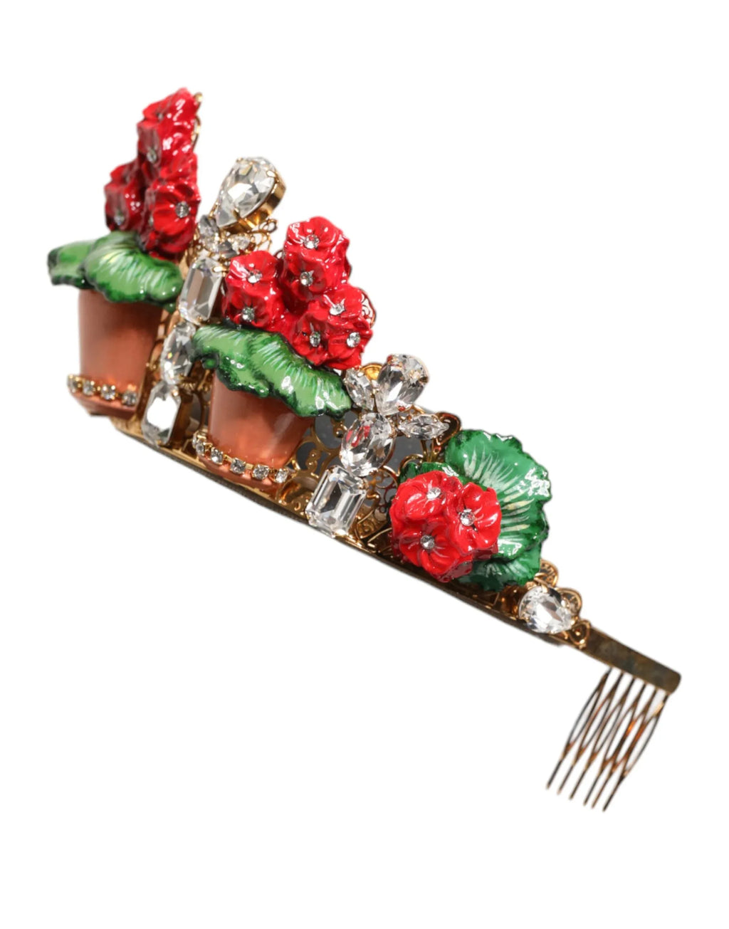 Dolce & Gabbana Red Floral Flowerpot Crystal Gold Crown Tiara Headband - Zeiniez