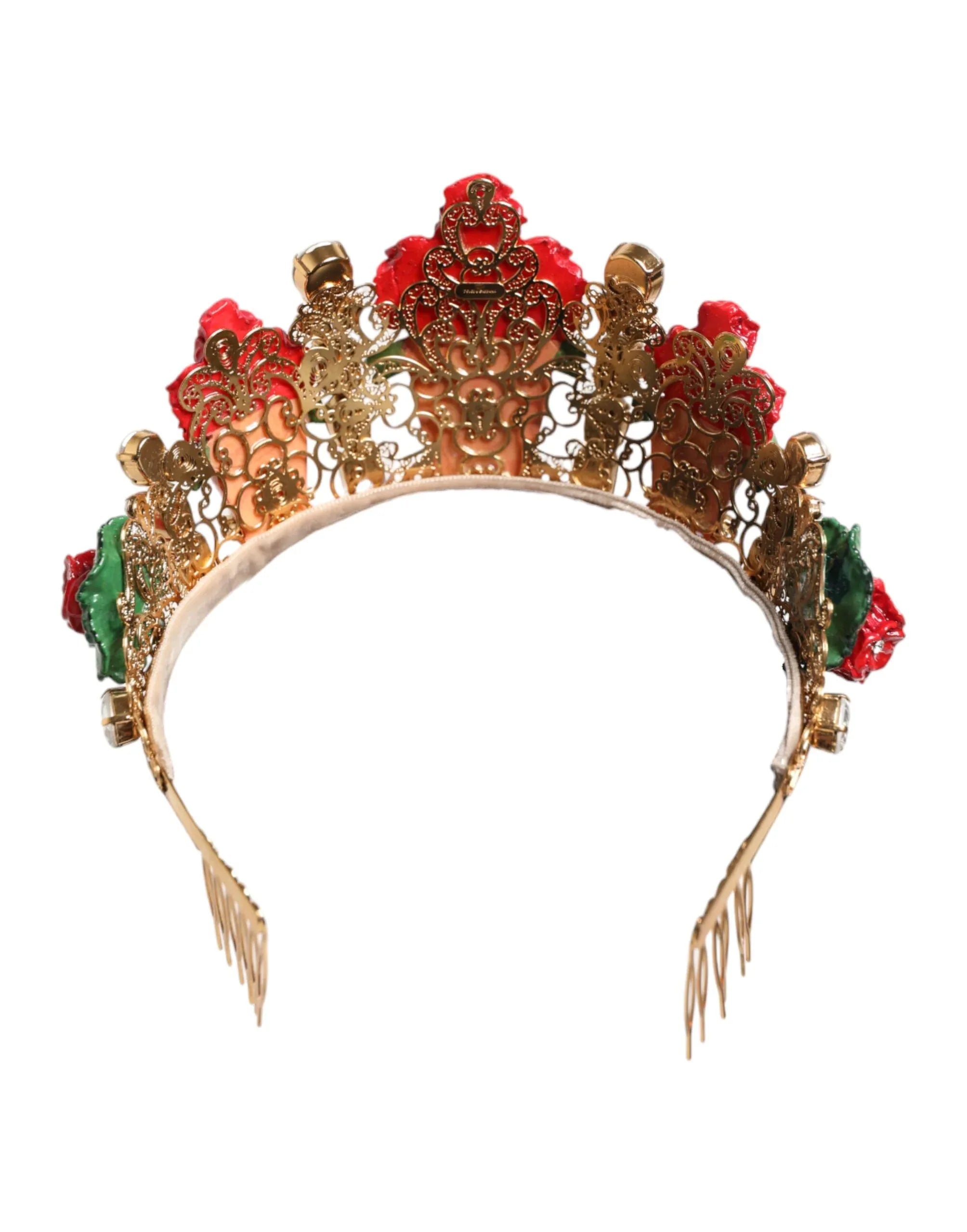 Dolce & Gabbana Red Floral Flowerpot Crystal Gold Crown Tiara Headband - Zeiniez