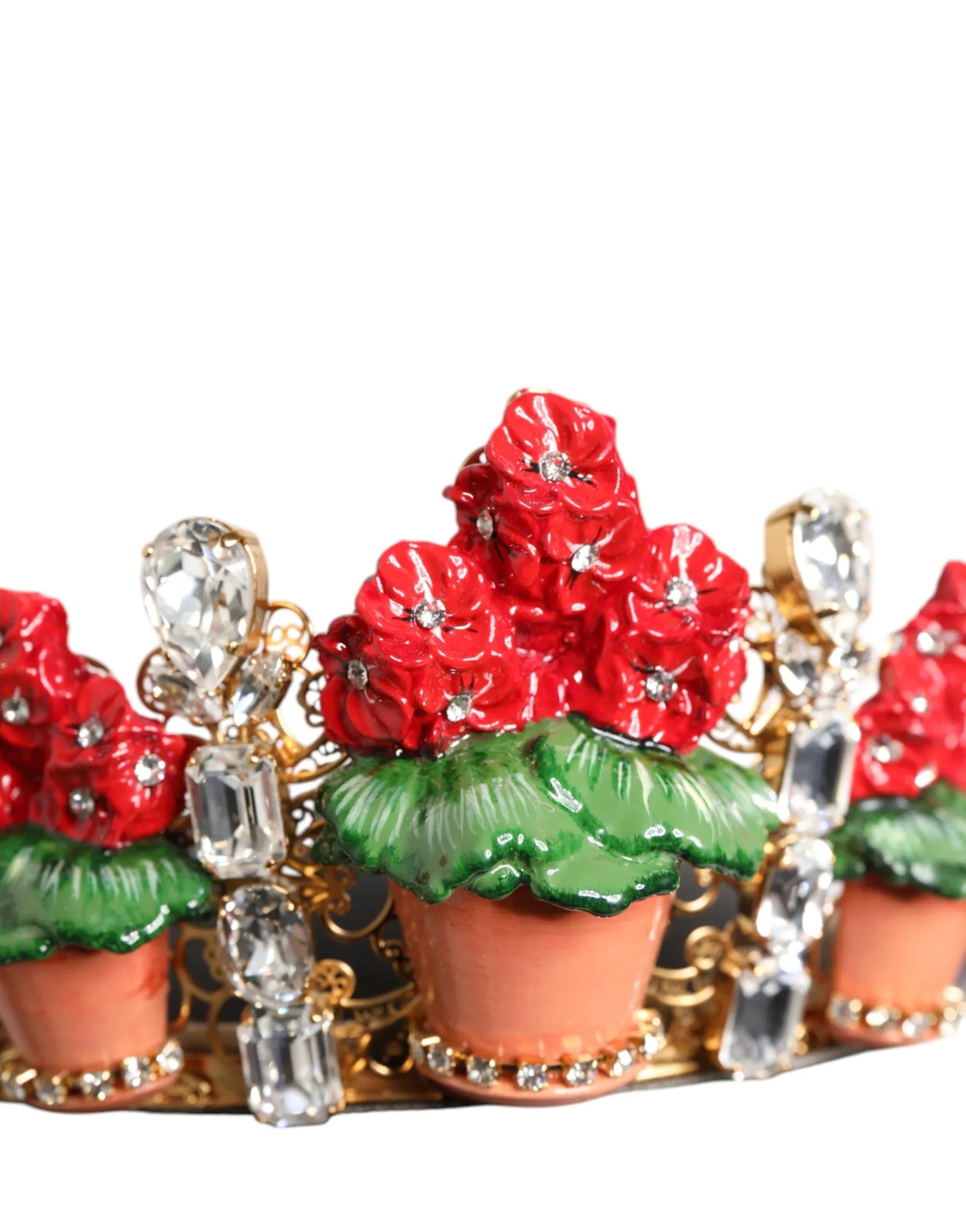 Dolce & Gabbana Red Floral Flowerpot Crystal Gold Crown Tiara Headband - Zeiniez