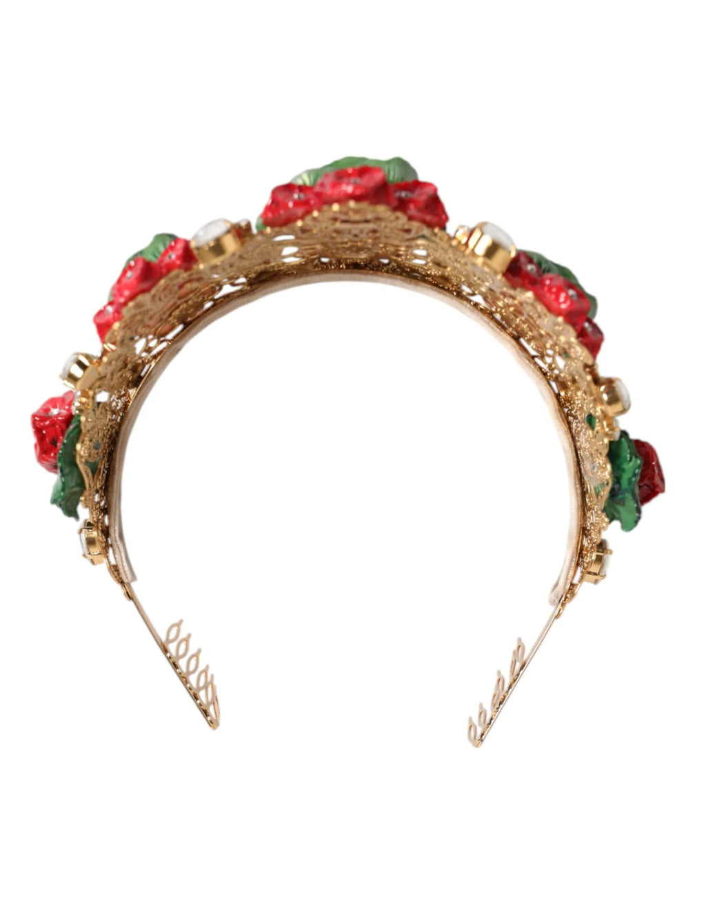 Dolce & Gabbana Red Floral Flowerpot Crystal Gold Crown Tiara Headband - Zeiniez