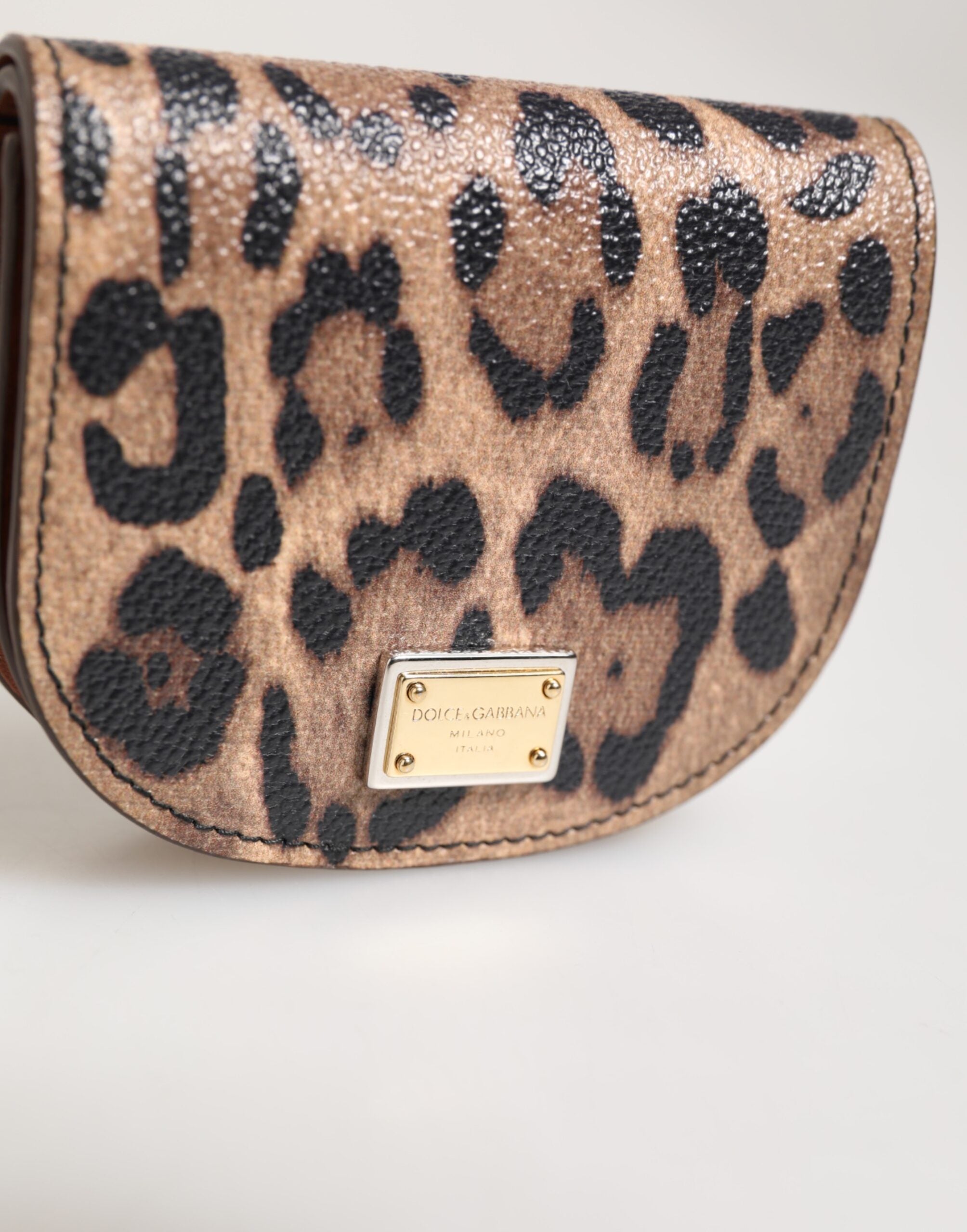 Dolce & Gabbana Brown Black Calf Leather Leopard Print Logo Plaque Wallet - Zeiniez