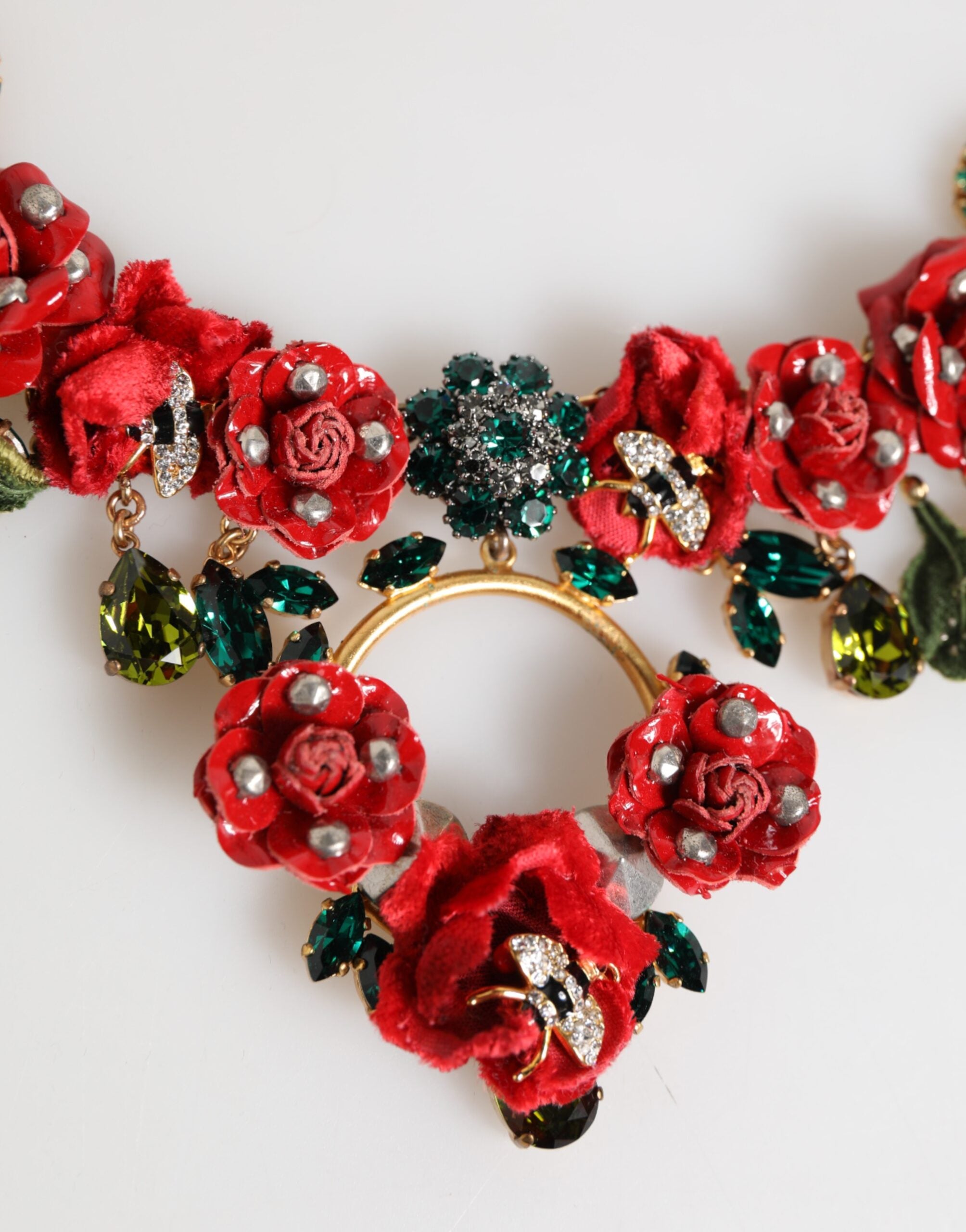 Dolce & Gabbana Red Rose Floral Crystal Embellished Statement Jewelry Necklace - Zeiniez
