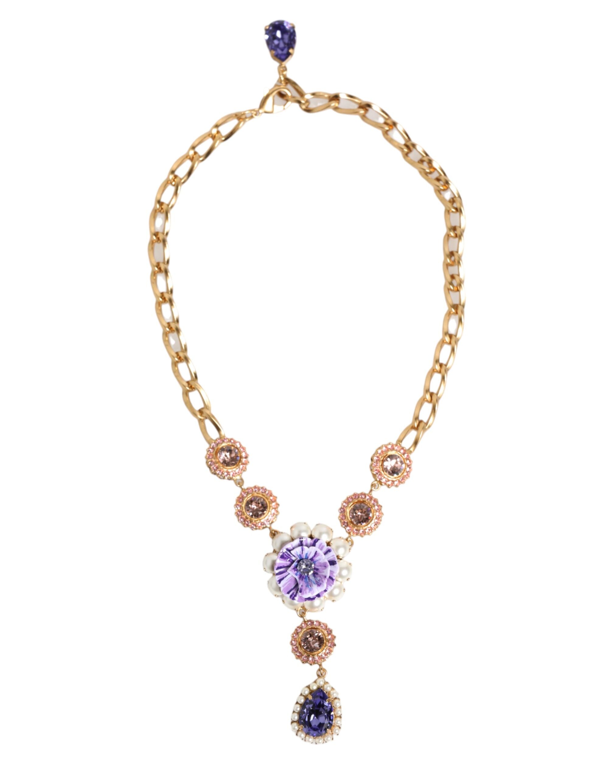 Dolce & Gabbana Gold Brass Crystal Pearl Purple Floral Pendant Jewelry Necklace - Zeiniez