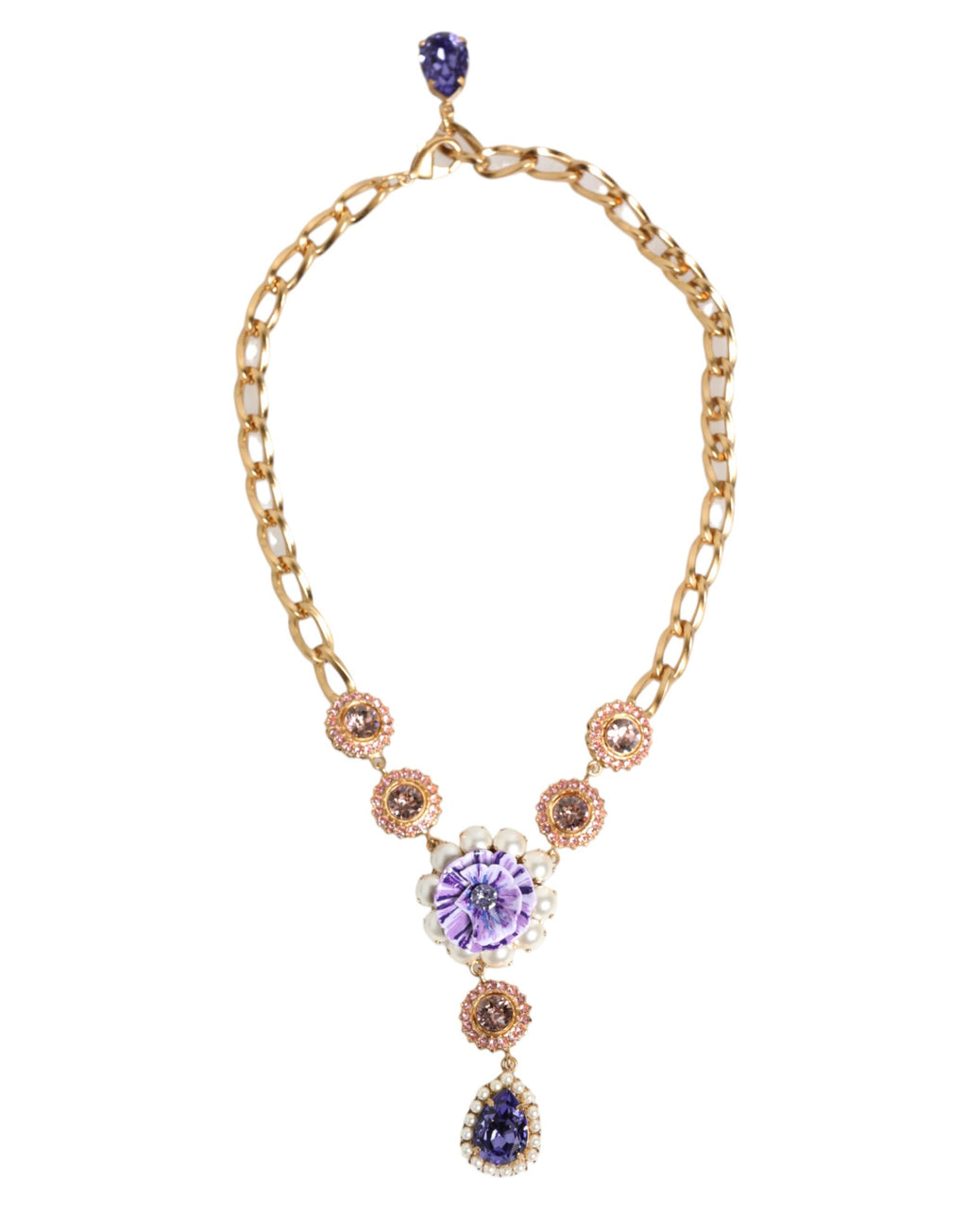 Dolce & Gabbana Gold Brass Crystal Pearl Purple Floral Pendant Jewelry Necklace - Zeiniez