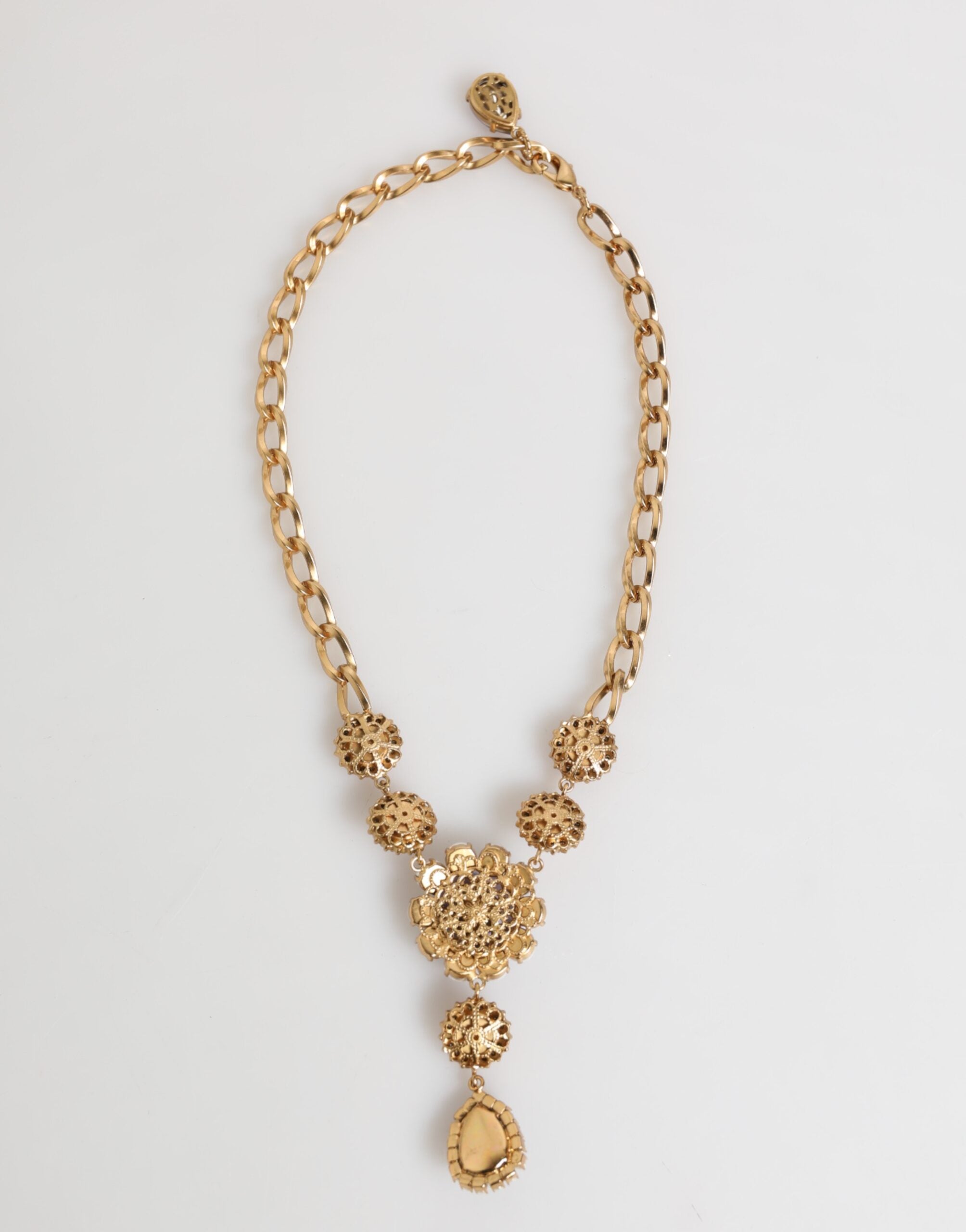 Dolce & Gabbana Gold Brass Crystal Pearl Purple Floral Pendant Jewelry Necklace - Zeiniez
