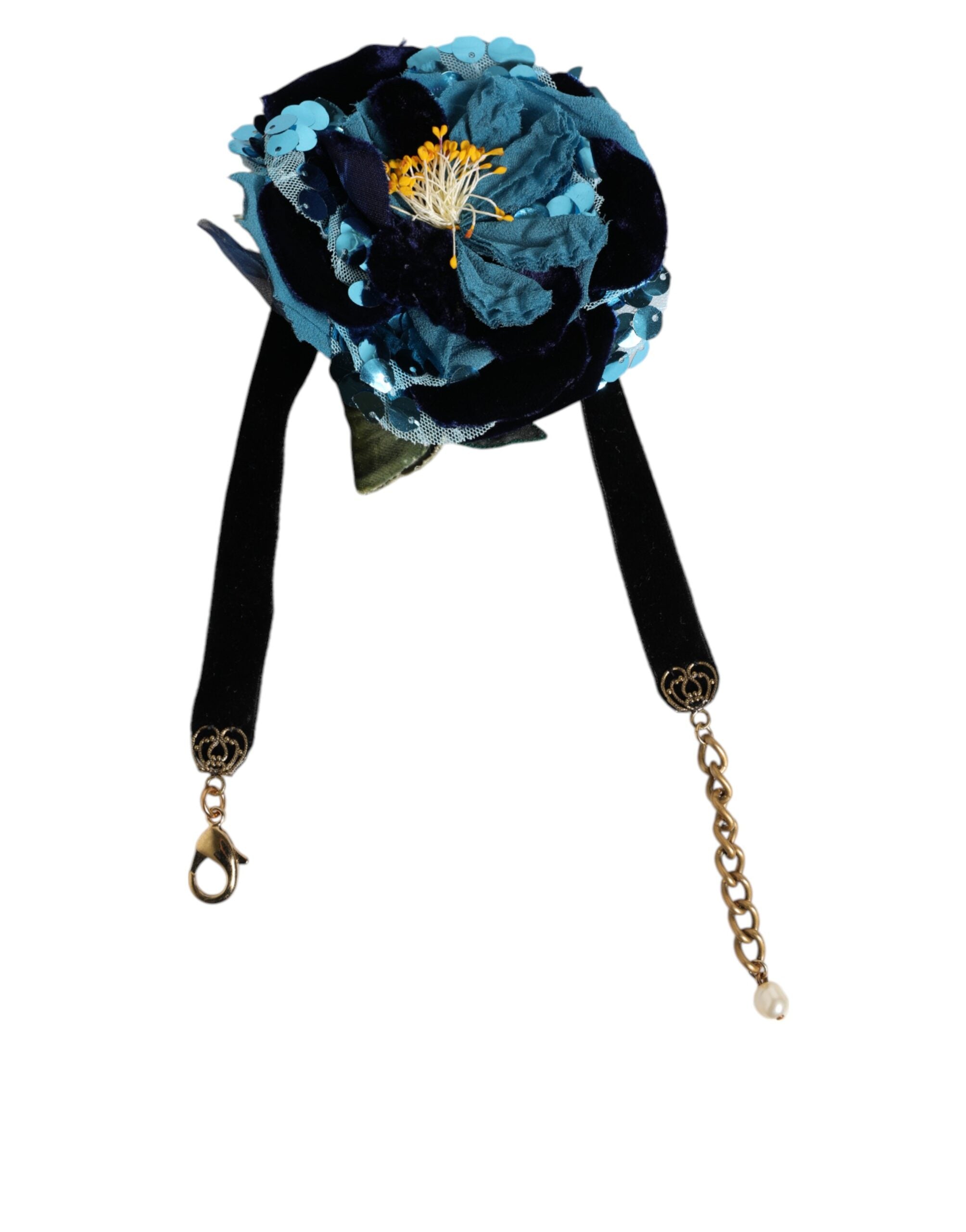 Dolce & Gabbana Blue Floral Appliqué Velvet Choker Crystal Beads Necklace - Zeiniez