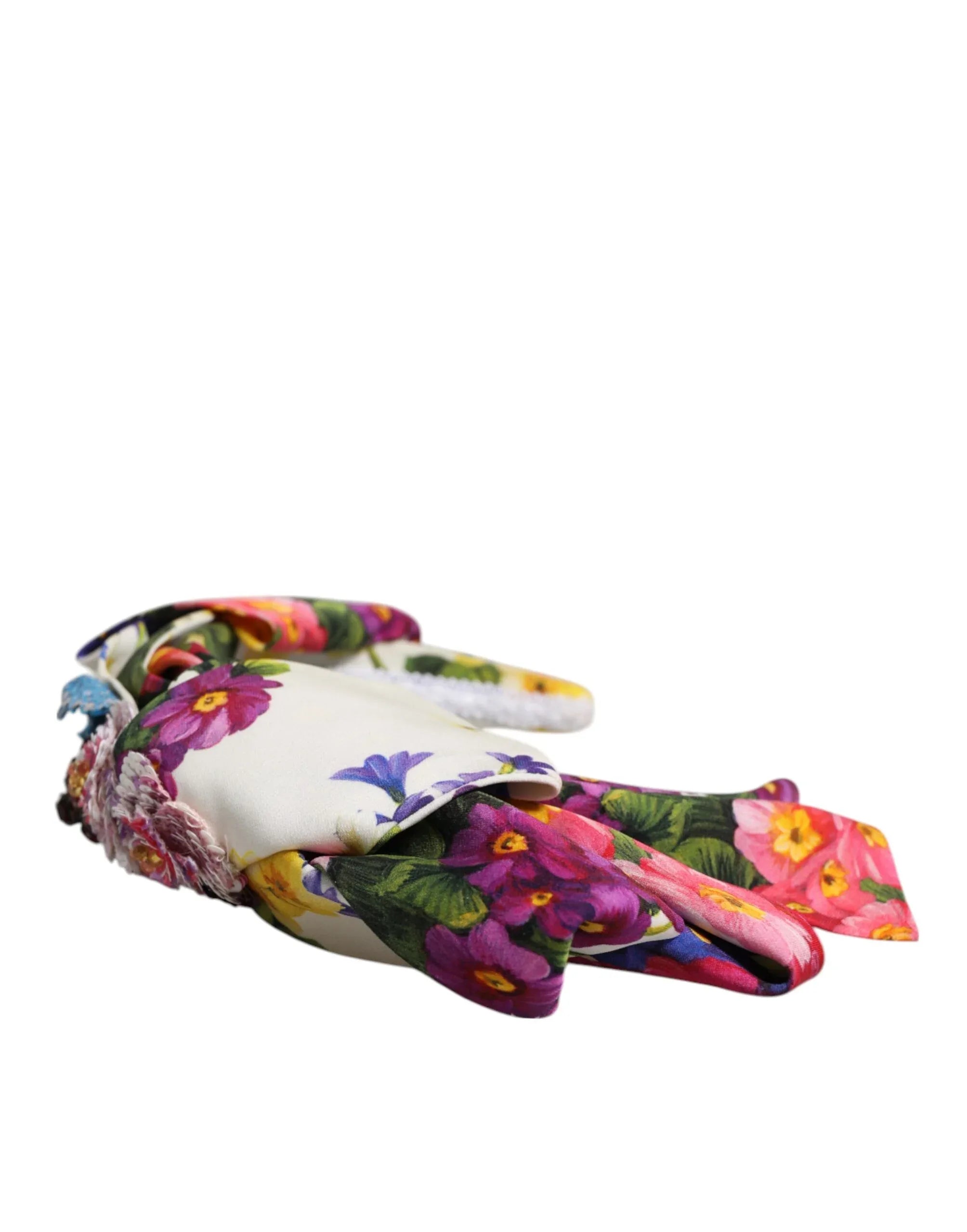 Dolce & Gabbana White Multicolor Floral Silk Bow Crystal Embellished Headband - Zeiniez