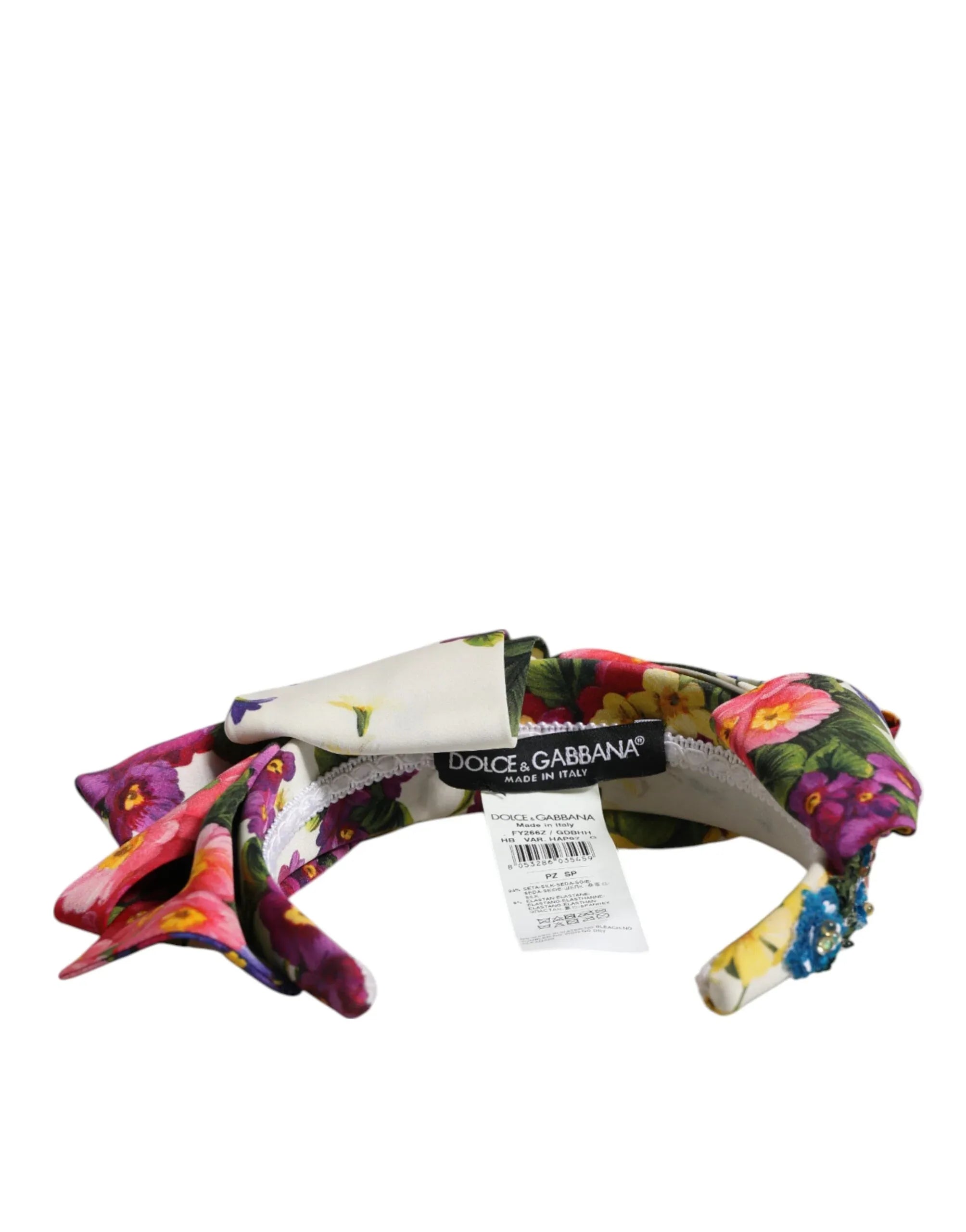 Dolce & Gabbana White Multicolor Floral Silk Bow Crystal Embellished Headband - Zeiniez