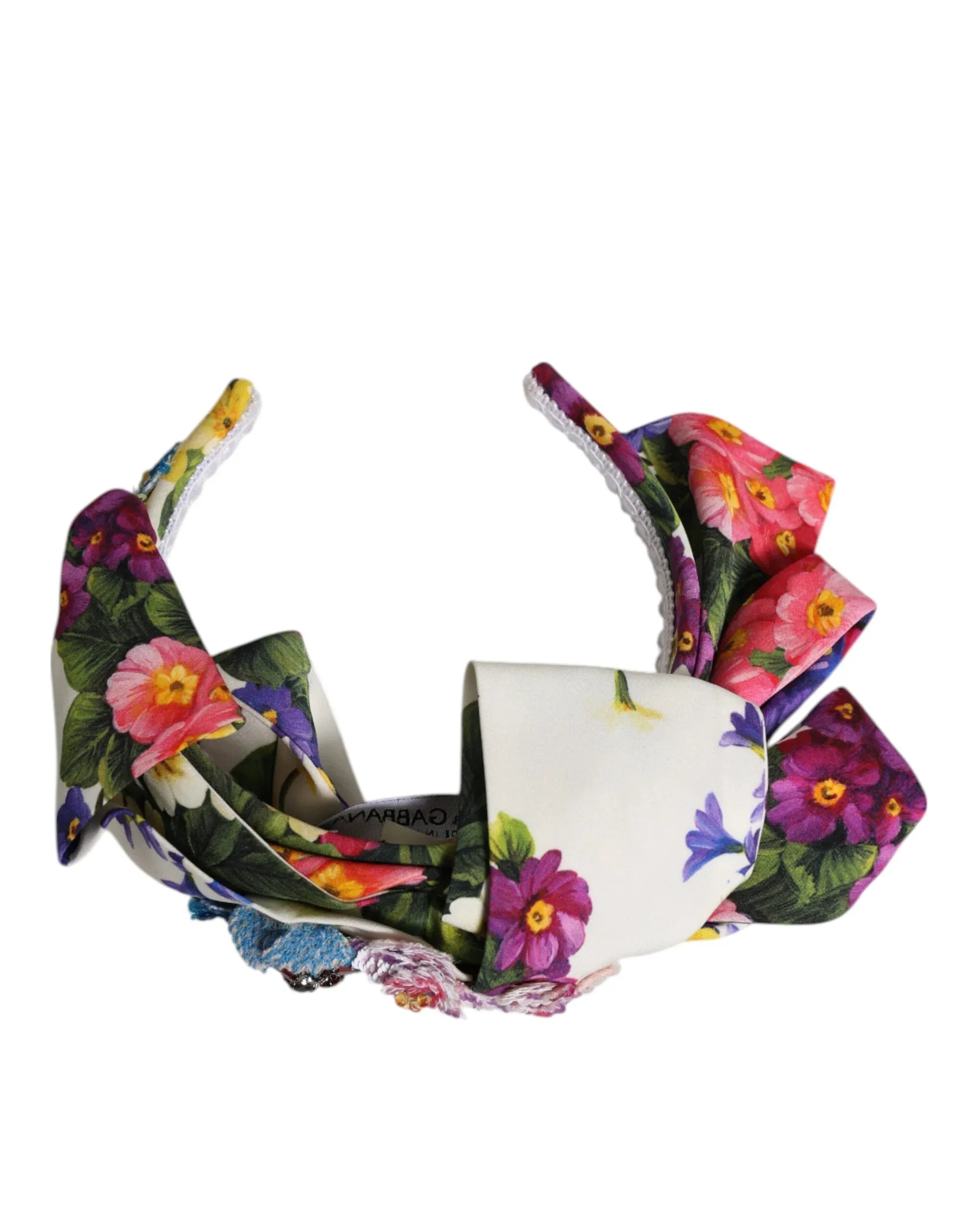 Dolce & Gabbana White Multicolor Floral Silk Bow Crystal Embellished Headband - Zeiniez