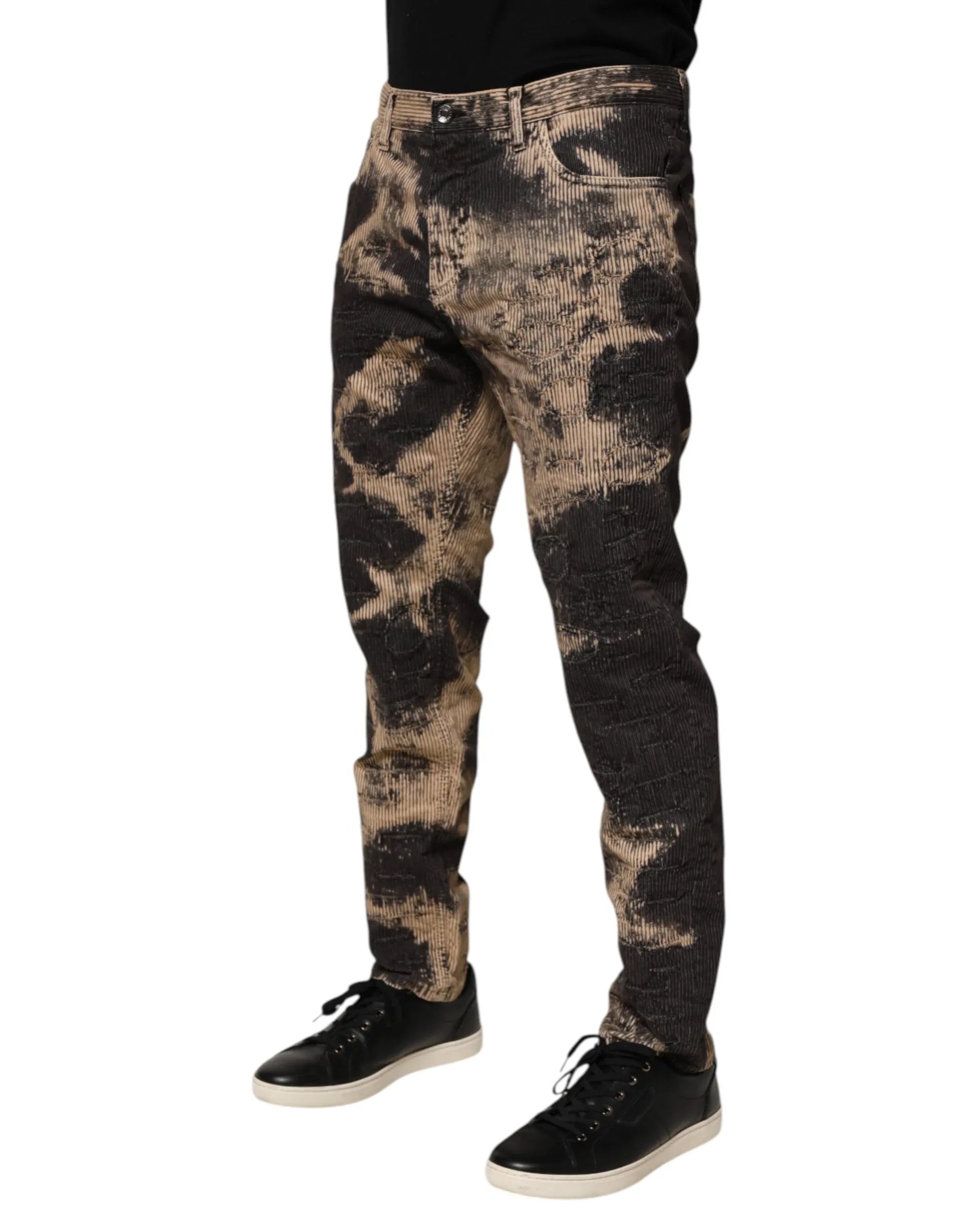 Dolce & Gabbana Beige Black Corduroy Tie-Dye Cotton Blend Pants - Zeiniez