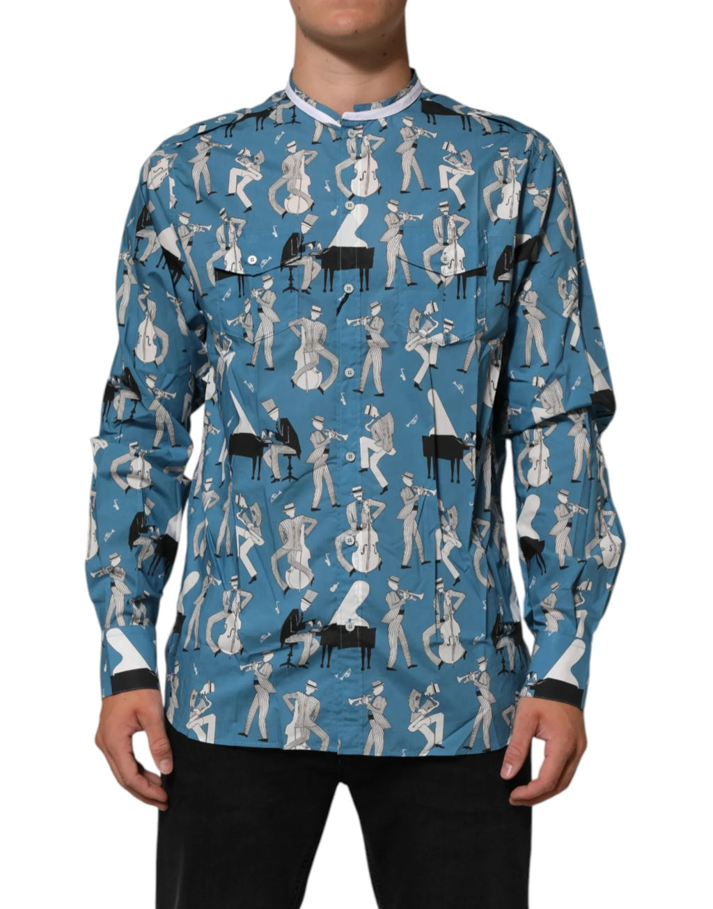 Dolce & Gabbana Blue Jazz Printed Cotton Button Front Shirt - Zeiniez