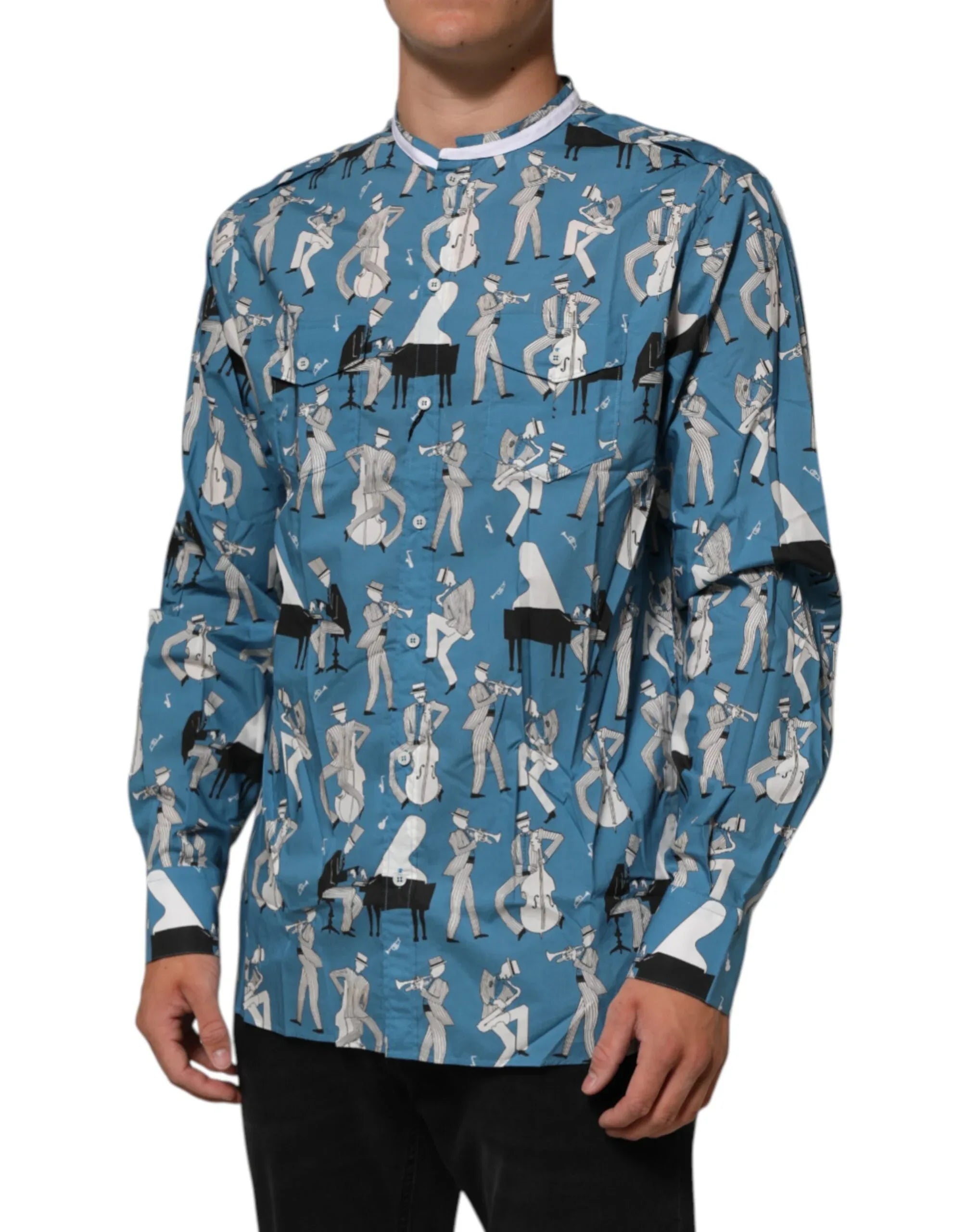Dolce & Gabbana Blue Jazz Printed Cotton Button Front Shirt - Zeiniez