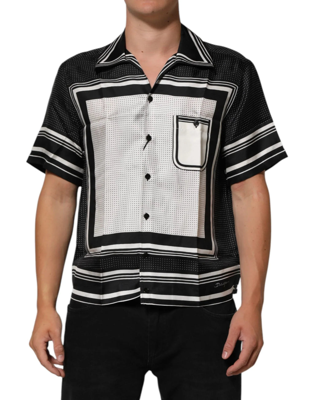 Dolce & Gabbana Black White StripeDot Print Casual Polo Shirt - Zeiniez