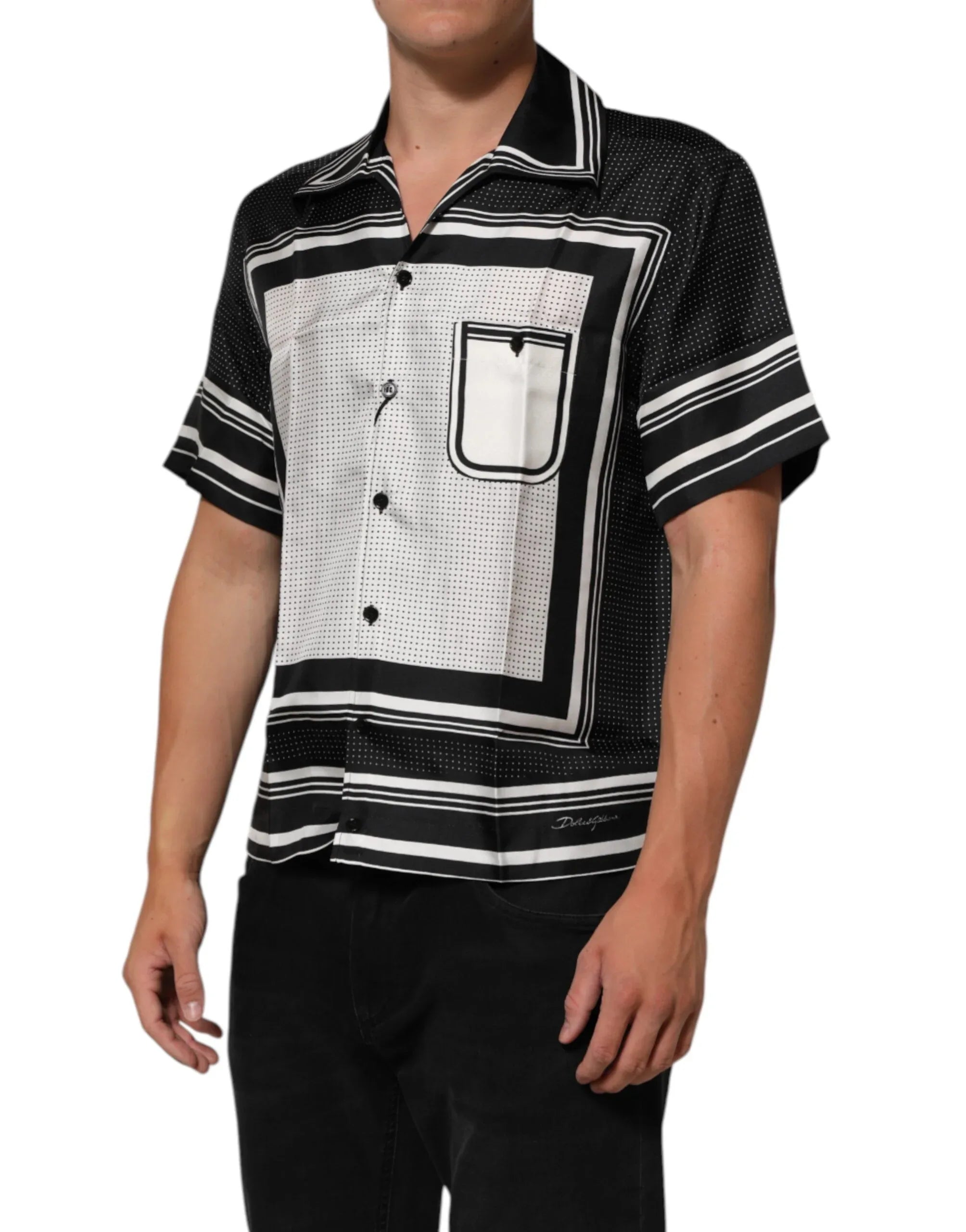 Dolce & Gabbana Black White StripeDot Print Casual Polo Shirt - Zeiniez