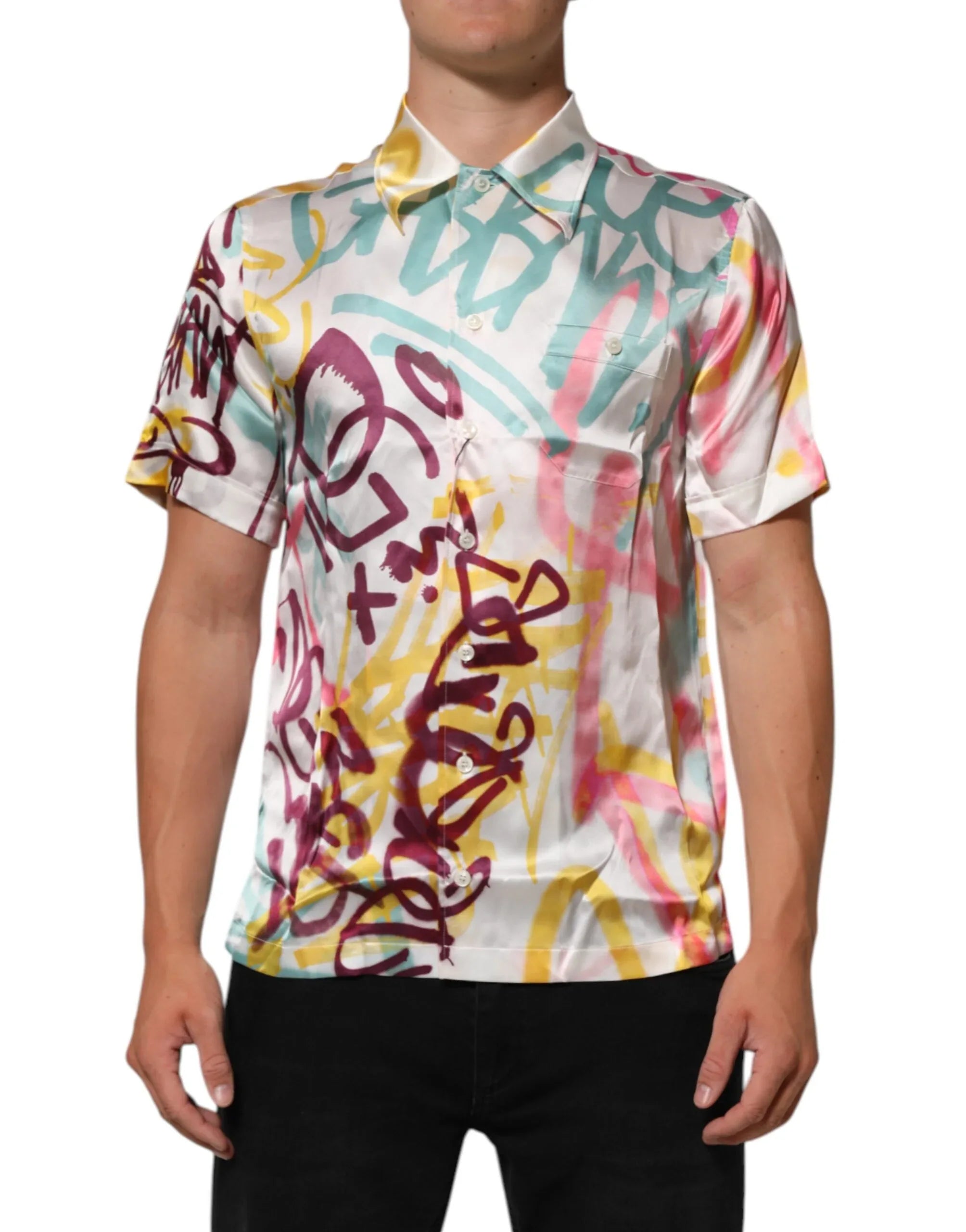Dolce & Gabbana White Silk Hawaiian Graffiti Print Men Casual Shirt - Zeiniez