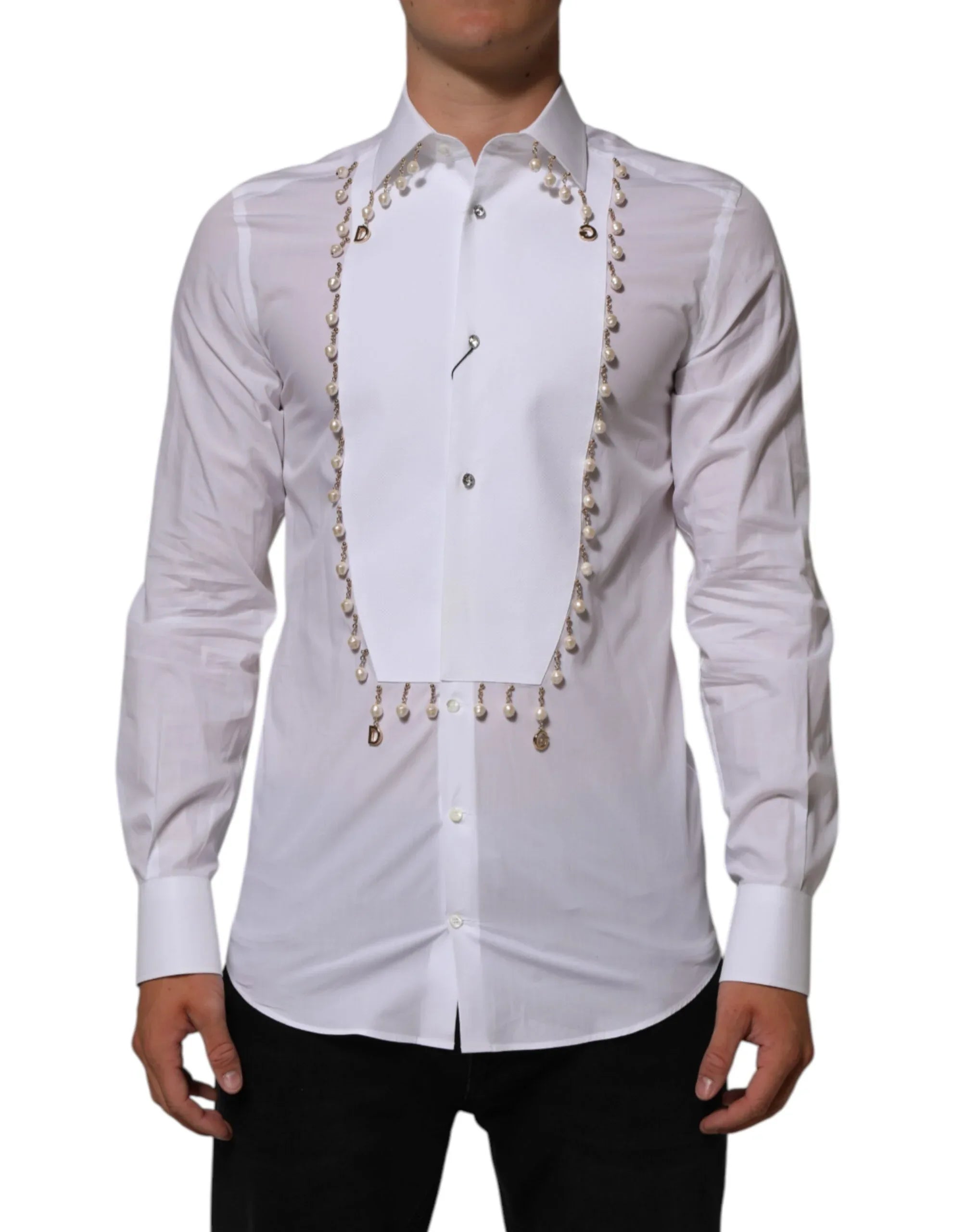 Dolce & Gabbana White Cotton DG Logo Pearl GOLD Formal Shirt - Zeiniez