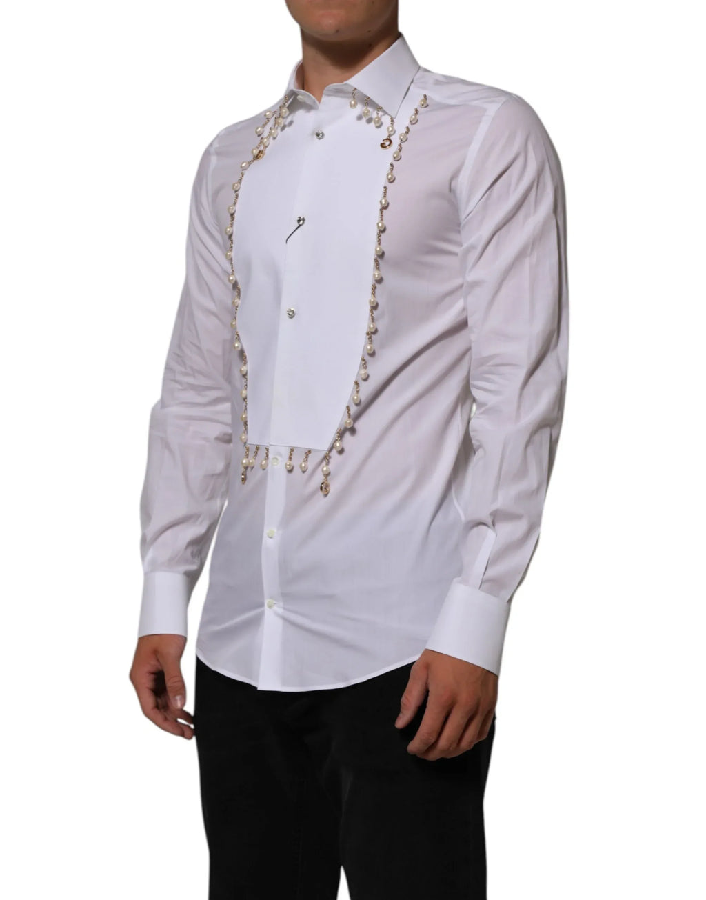 Dolce & Gabbana White Cotton DG Logo Pearl GOLD Formal Shirt - Zeiniez