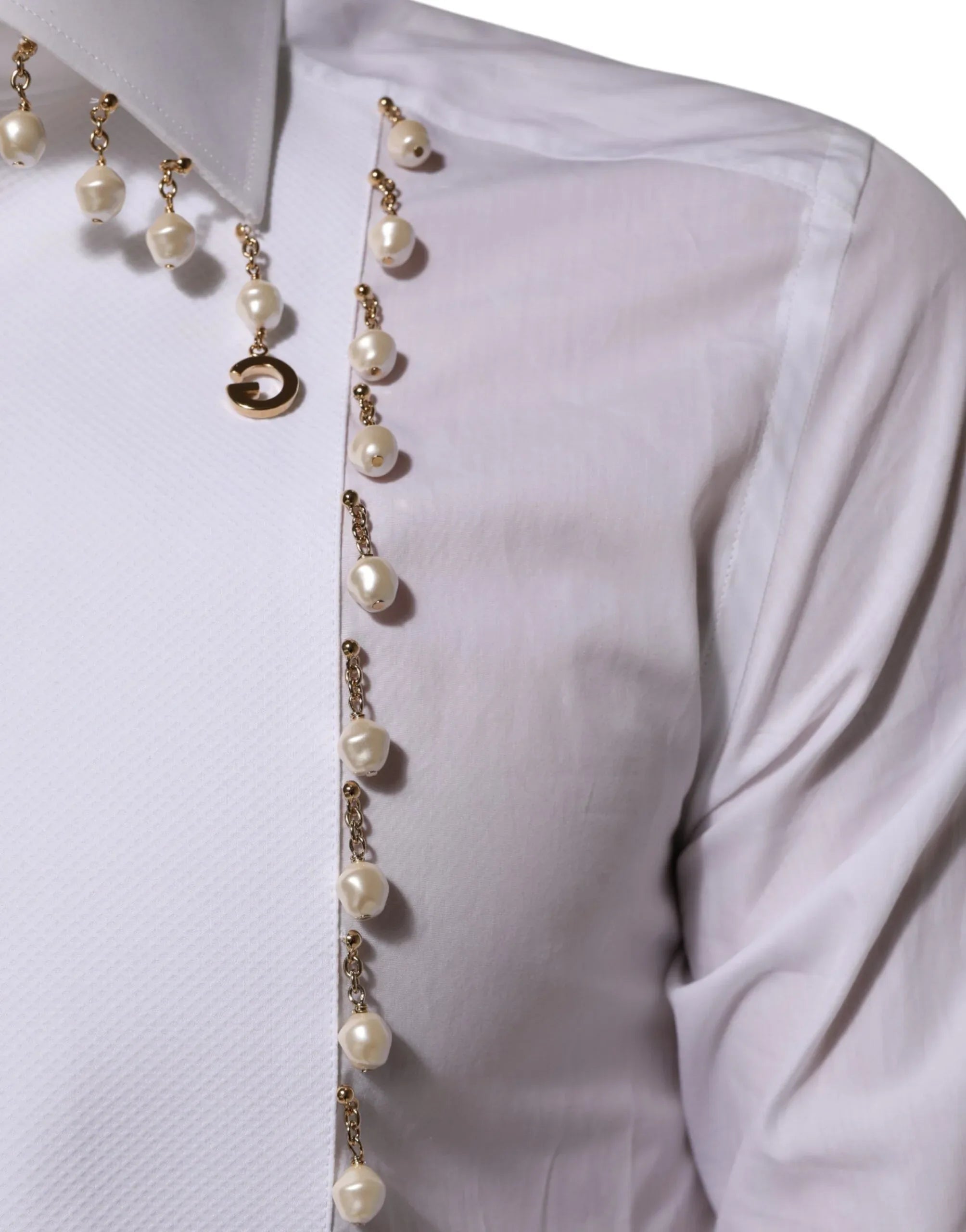 Dolce & Gabbana White Cotton DG Logo Pearl GOLD Formal Shirt - Zeiniez