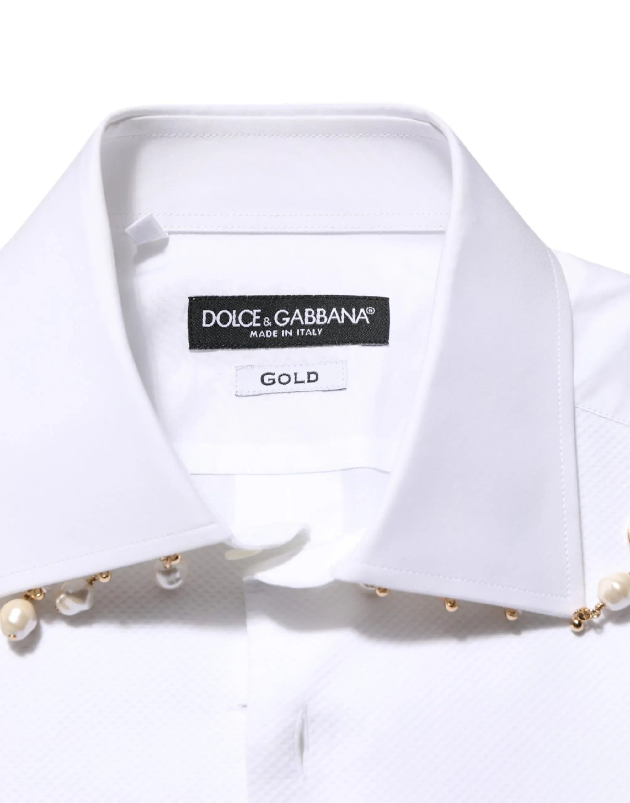Dolce & Gabbana White Cotton DG Logo Pearl GOLD Formal Shirt - Zeiniez