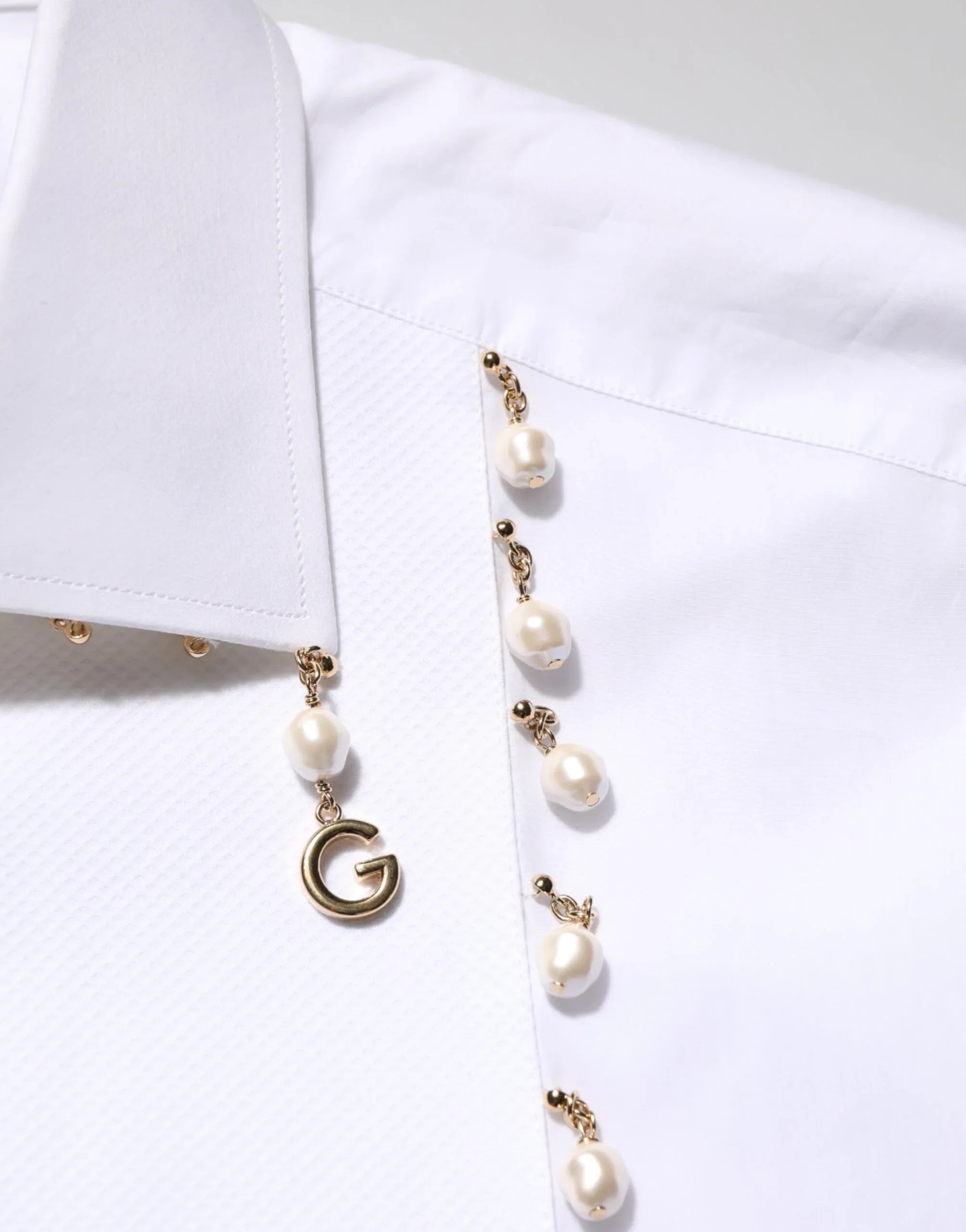 Dolce & Gabbana White Cotton DG Logo Pearl GOLD Formal Shirt - Zeiniez