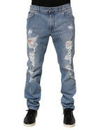 Dolce & Gabbana Blue Tattered Slim Fit Cotton Denim Jeans - Zeiniez