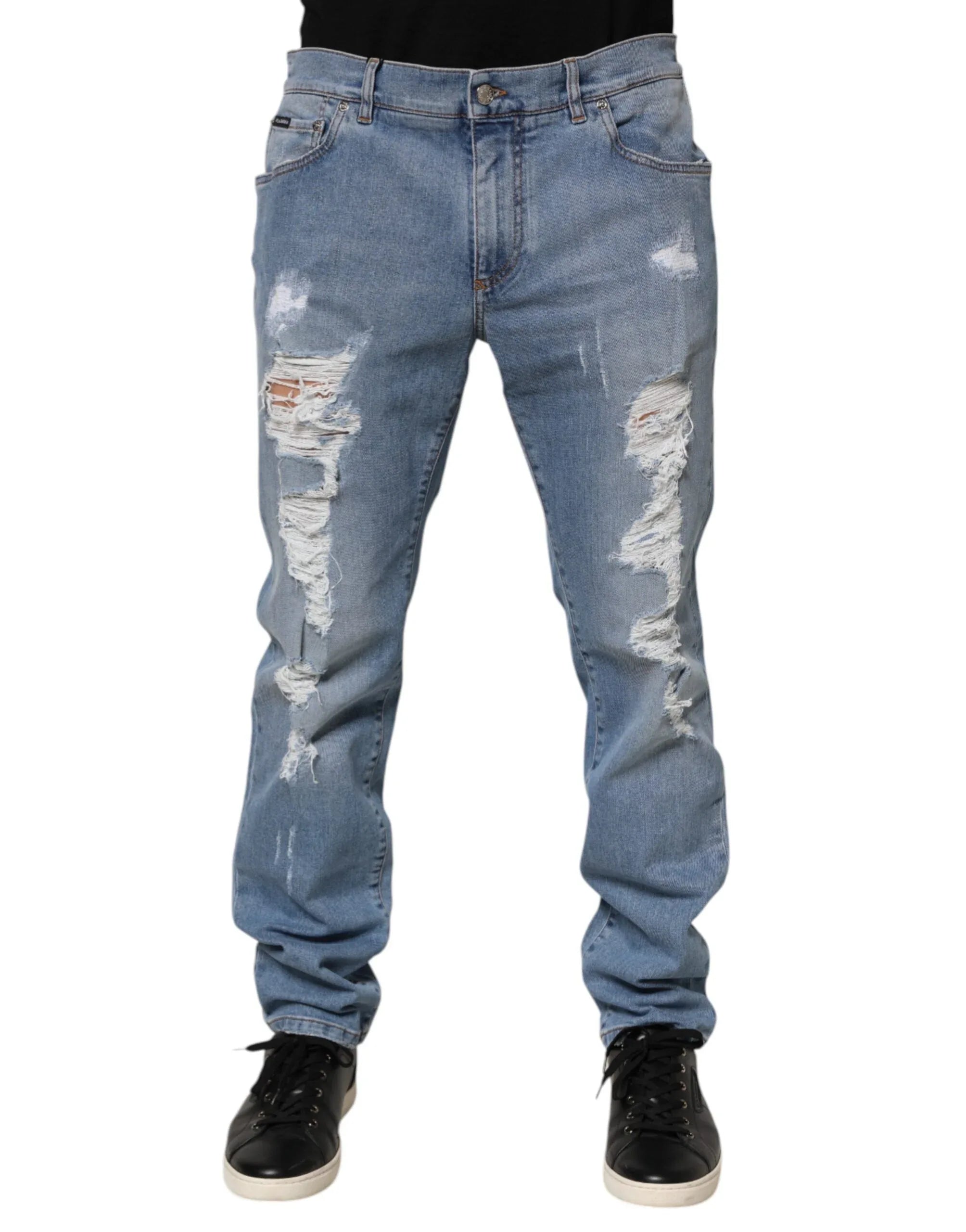 Dolce & Gabbana Blue Tattered Slim Fit Cotton Denim Jeans - Zeiniez