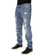 Dolce & Gabbana Blue Tattered Slim Fit Cotton Denim Jeans - Zeiniez