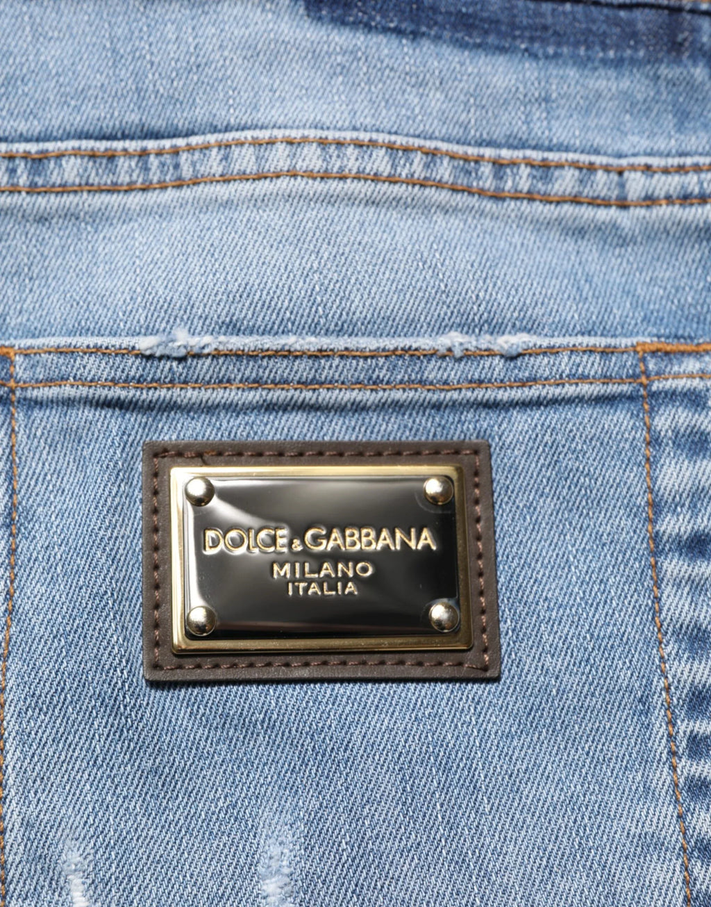 Dolce & Gabbana Blue Tattered Slim Fit Cotton Denim Jeans - Zeiniez