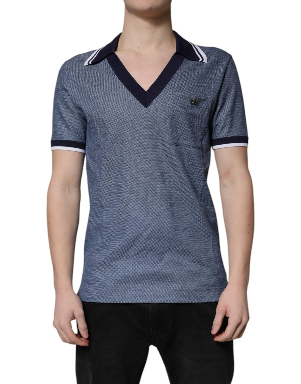 Dolce & Gabbana Blue Collared V-neck Silk Blend Polo T-shirt - Zeiniez
