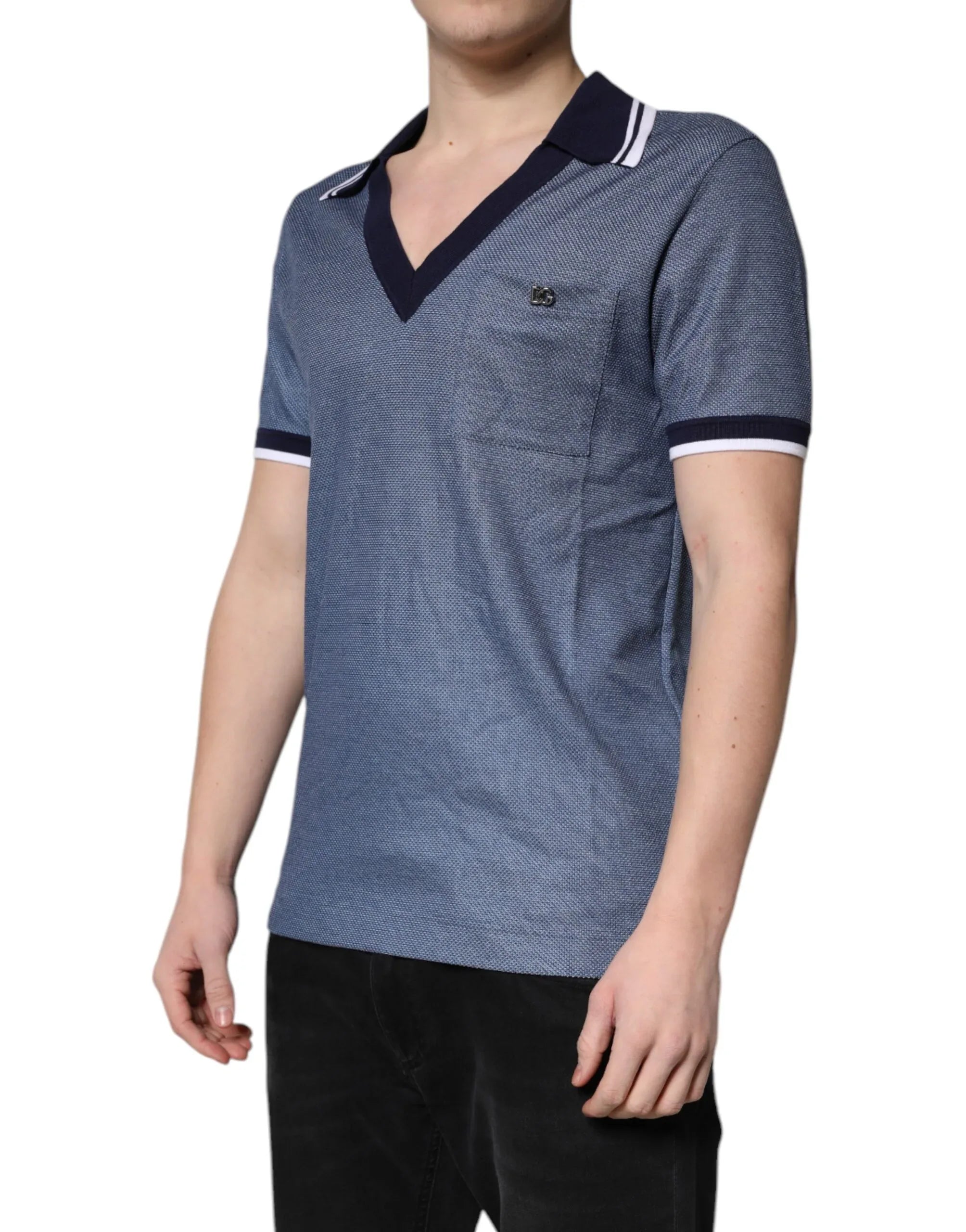 Dolce & Gabbana Blue Collared V-neck Silk Blend Polo T-shirt - Zeiniez