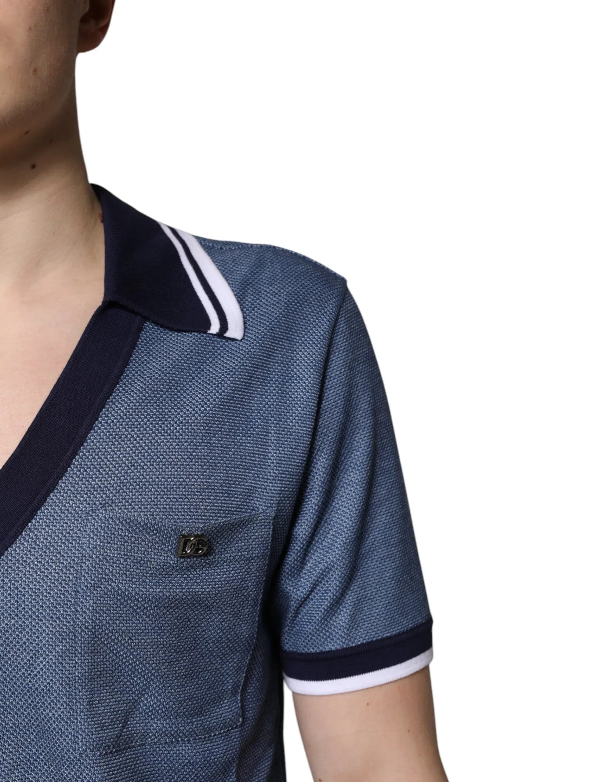 Dolce & Gabbana Blue Collared V-neck Silk Blend Polo T-shirt - Zeiniez