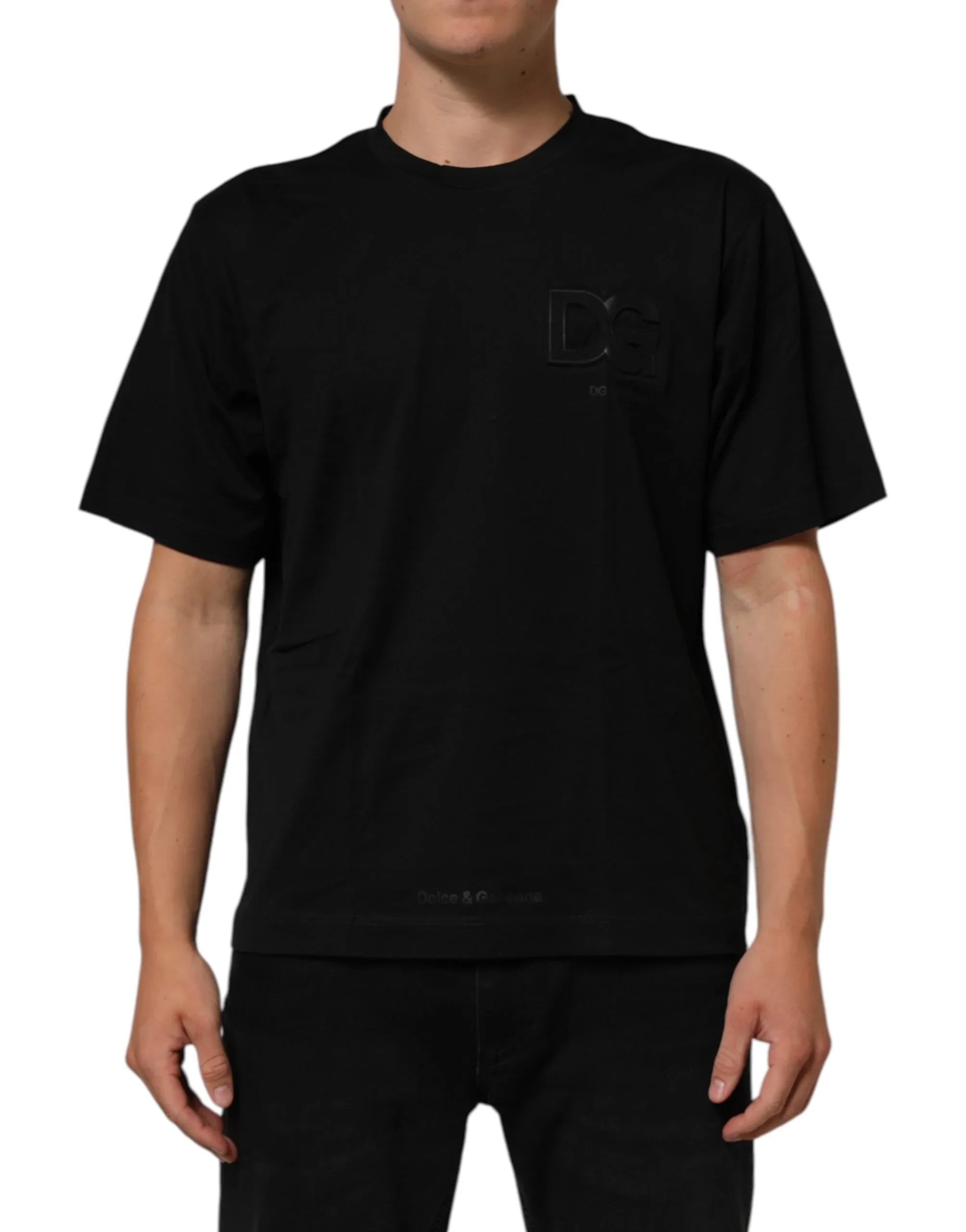 Dolce & Gabbana Black Logo Patch Cotton Men Crew Neck T-shirt - Zeiniez
