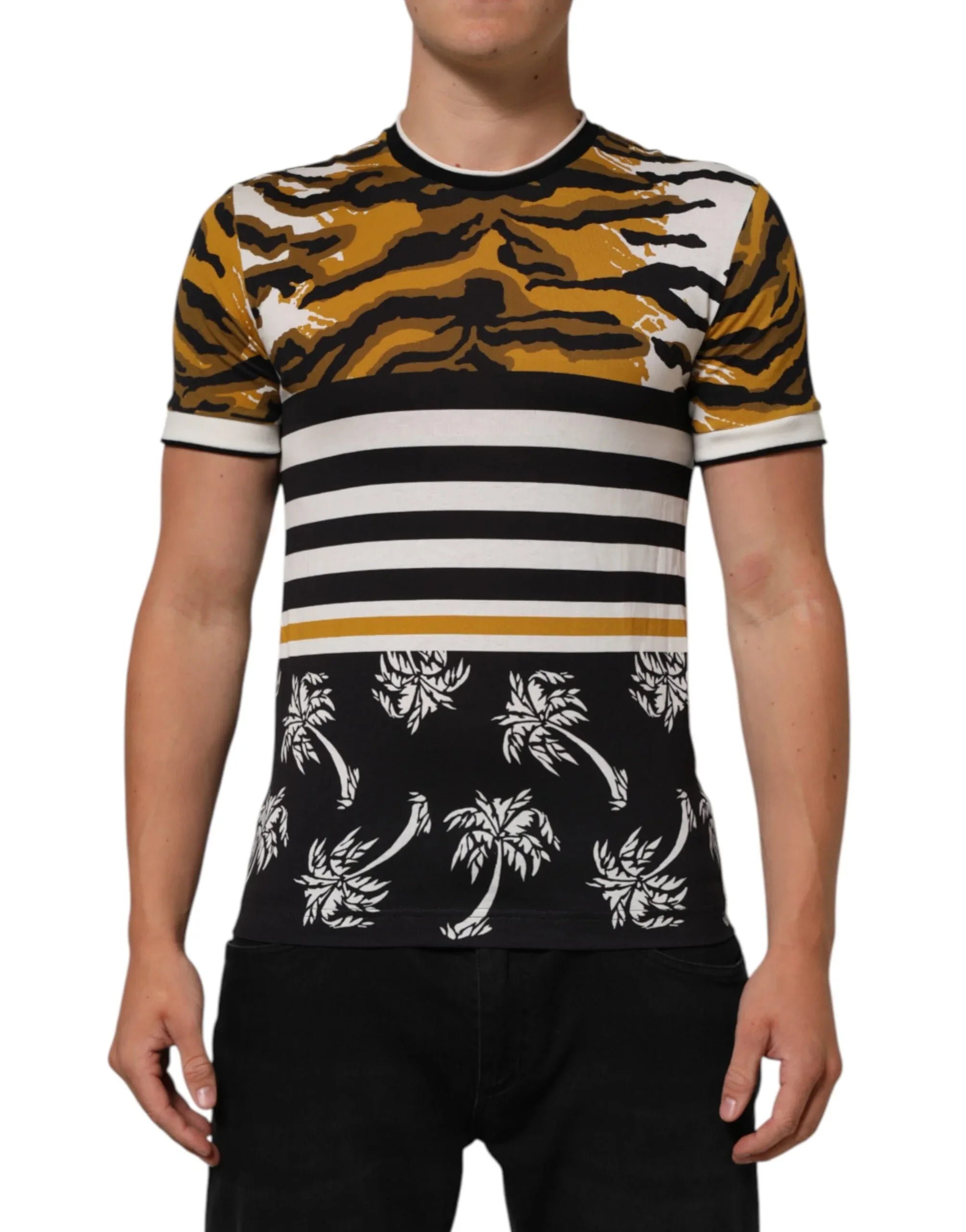 Dolce & Gabbana Multicolor Leopard Palm Leaf Men Crew Neck T-shirt - Zeiniez