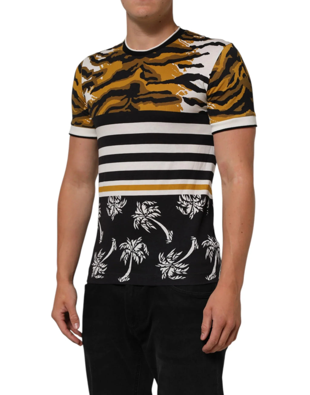 Dolce & Gabbana Multicolor Leopard Palm Leaf Men Crew Neck T-shirt - Zeiniez