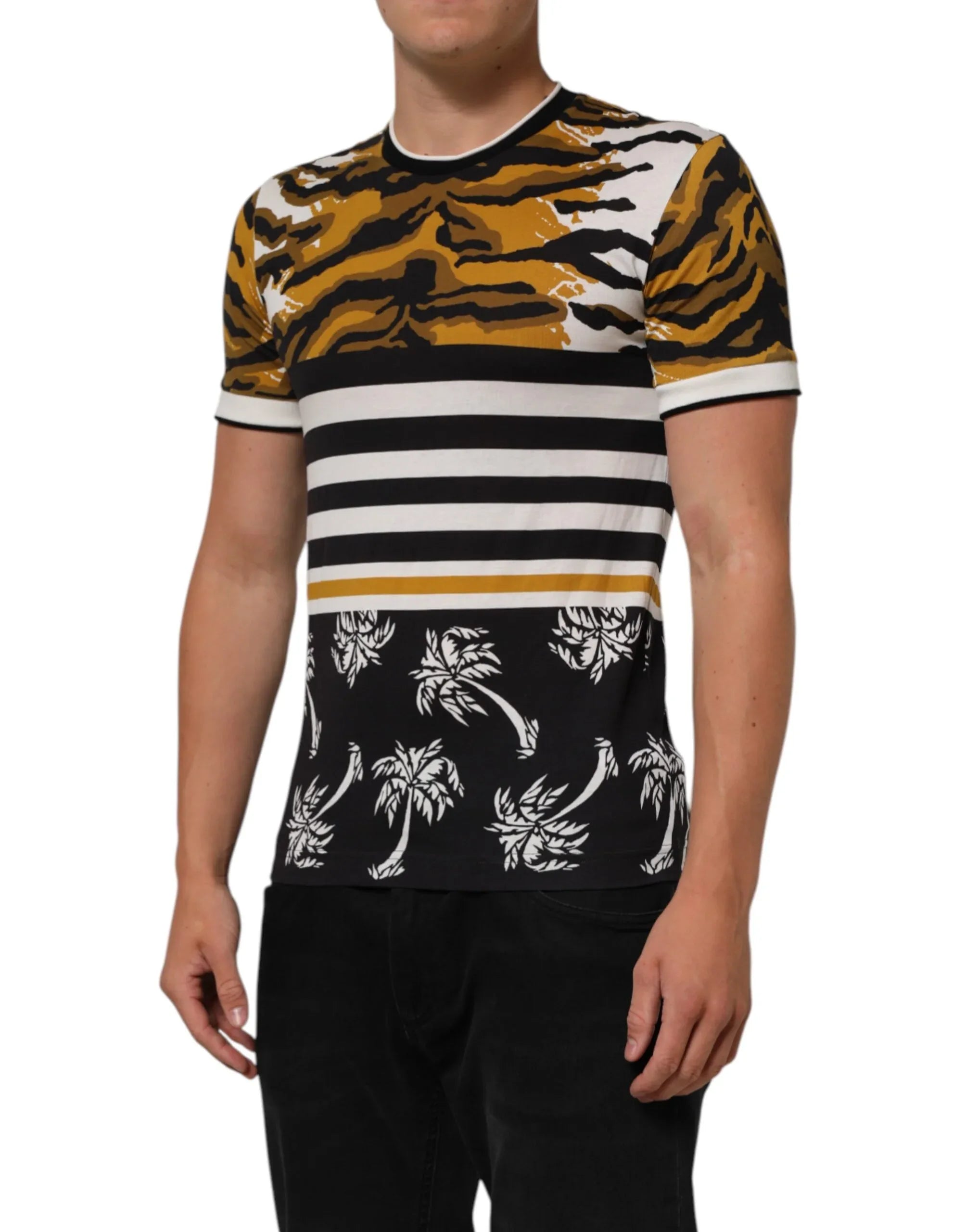 Dolce & Gabbana Multicolor Leopard Palm Leaf Men Crew Neck T-shirt - Zeiniez