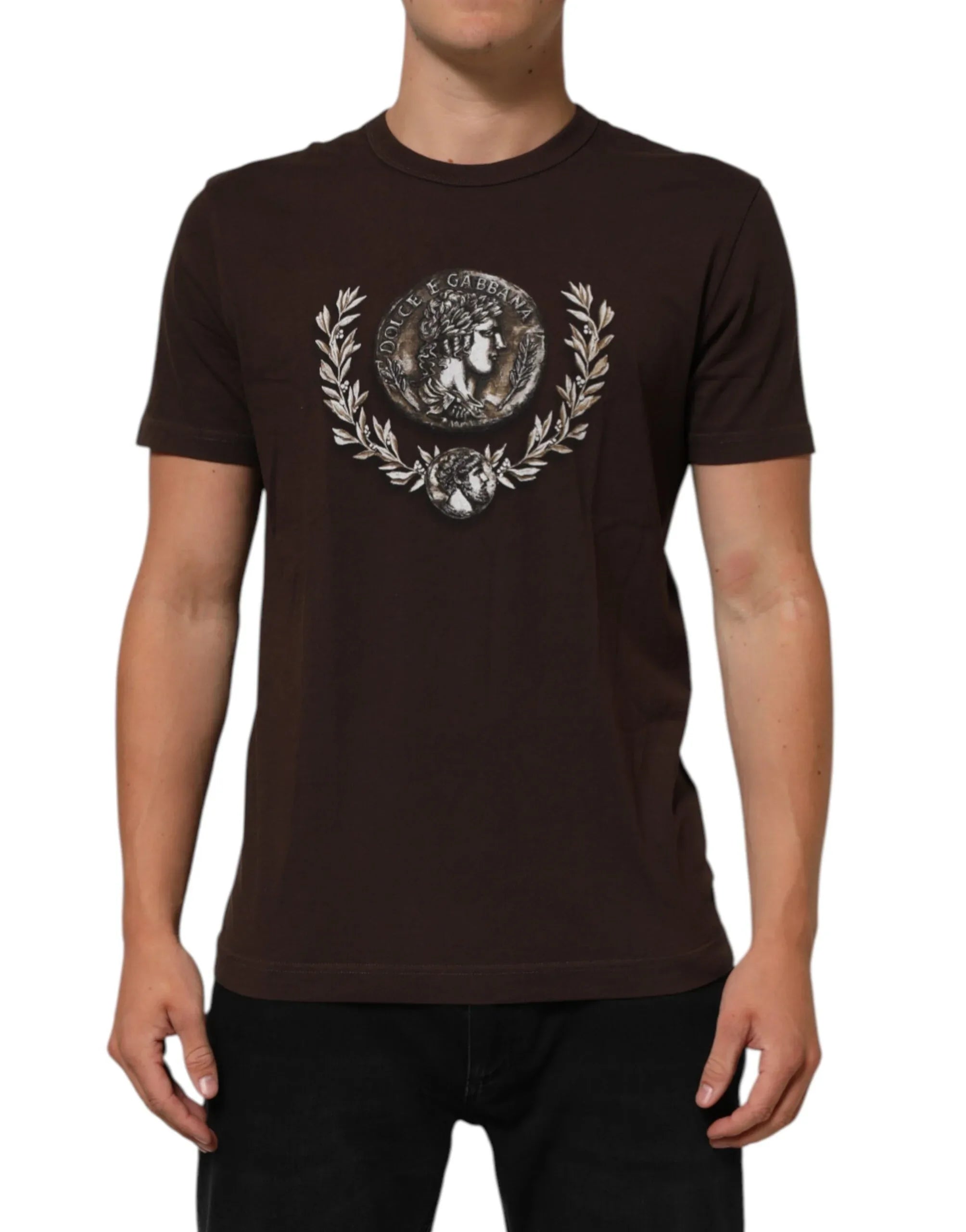 Dolce & Gabbana Brown Coin Laurel Print Men Crew Neck T-shirt - Zeiniez