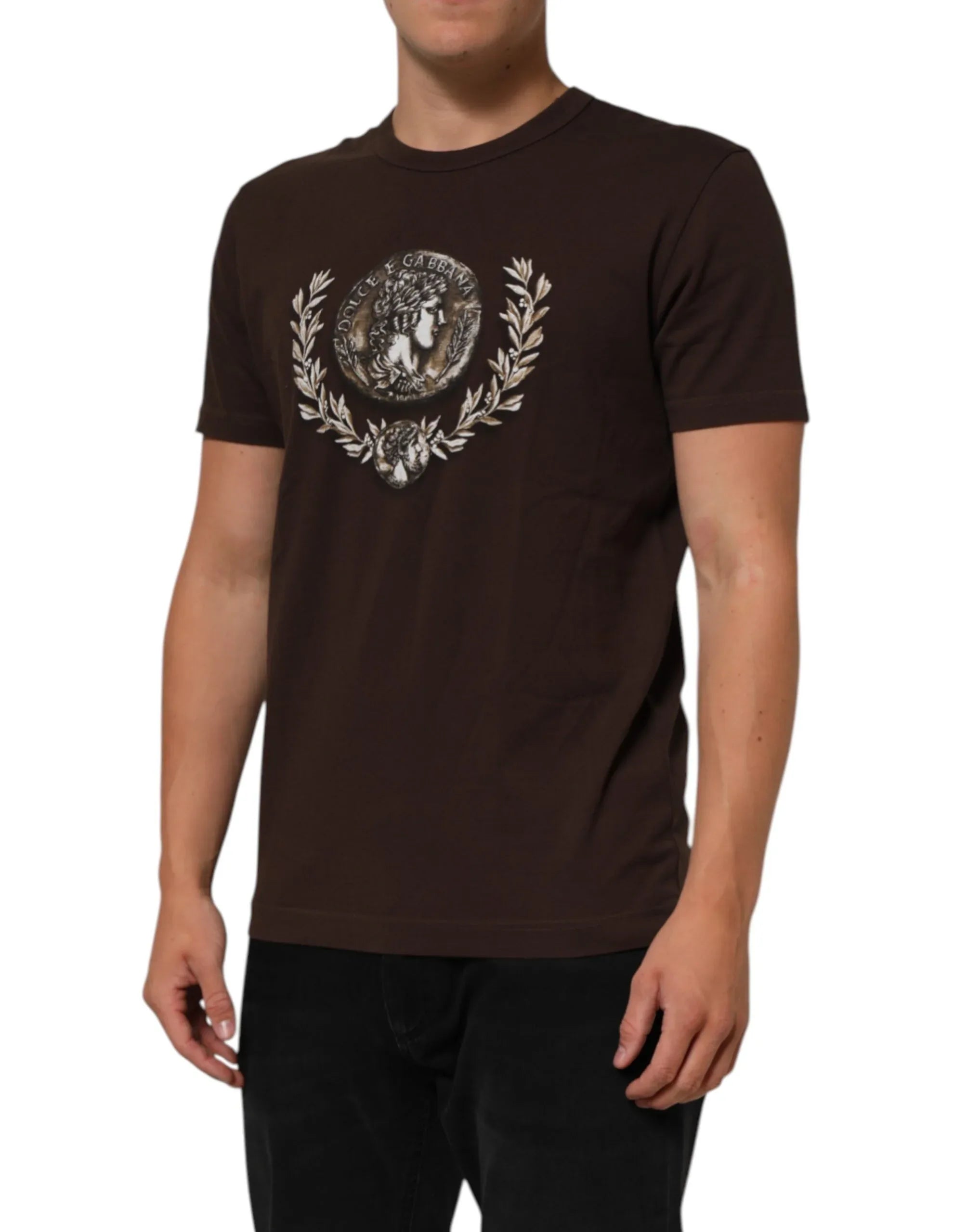 Dolce & Gabbana Brown Coin Laurel Print Men Crew Neck T-shirt - Zeiniez