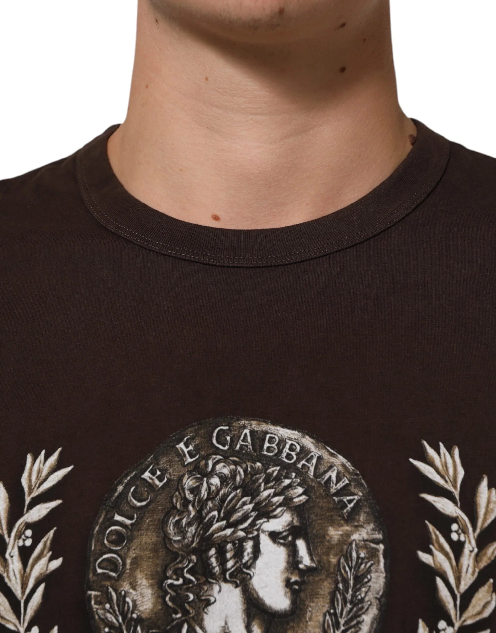Dolce & Gabbana Brown Coin Laurel Print Men Crew Neck T-shirt - Zeiniez
