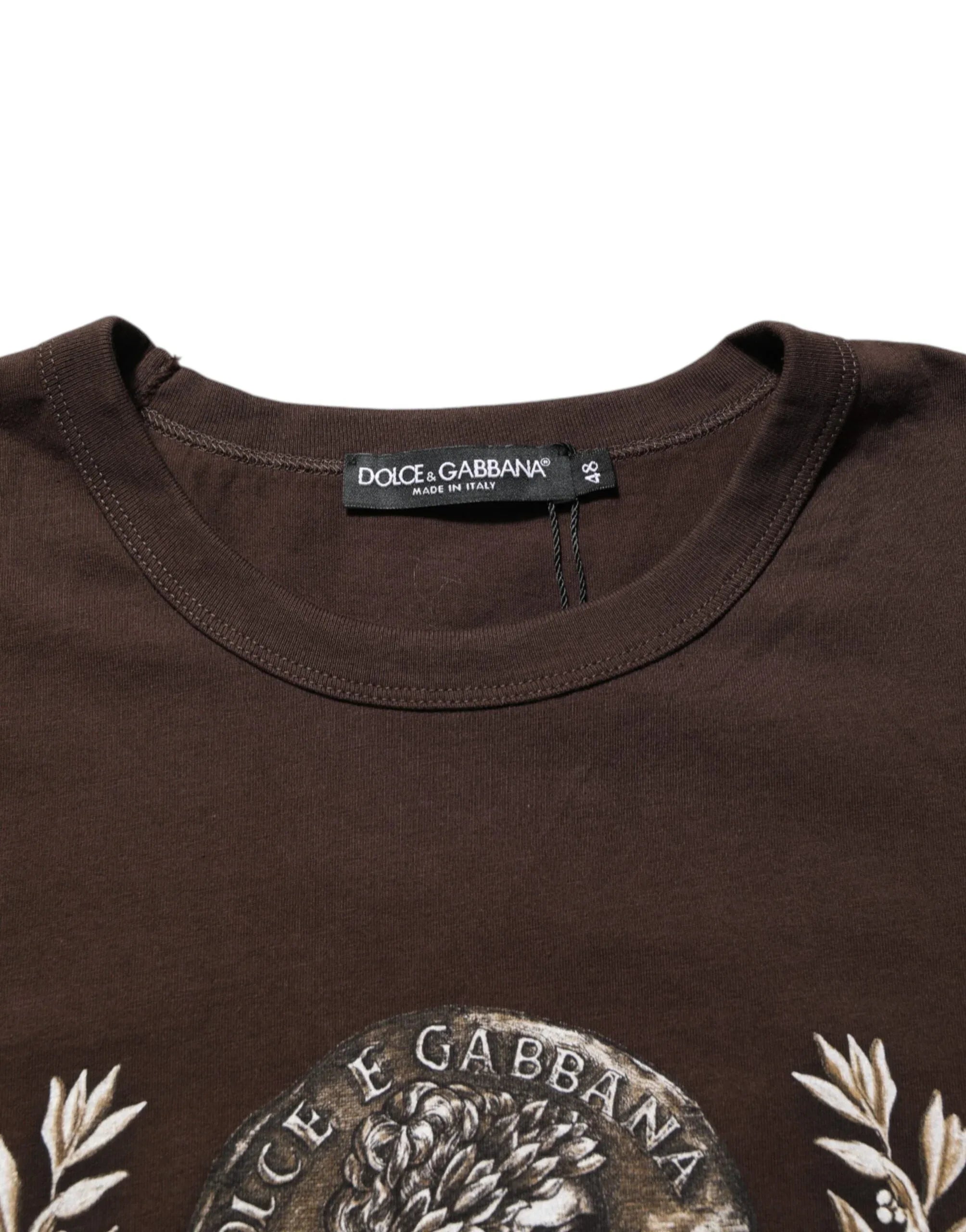 Dolce & Gabbana Brown Coin Laurel Print Men Crew Neck T-shirt - Zeiniez