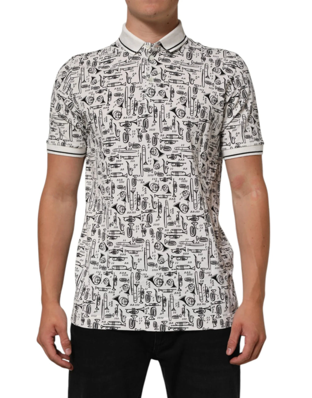 Dolce & Gabbana White Musical Print Collared Polo T-shirt - Zeiniez