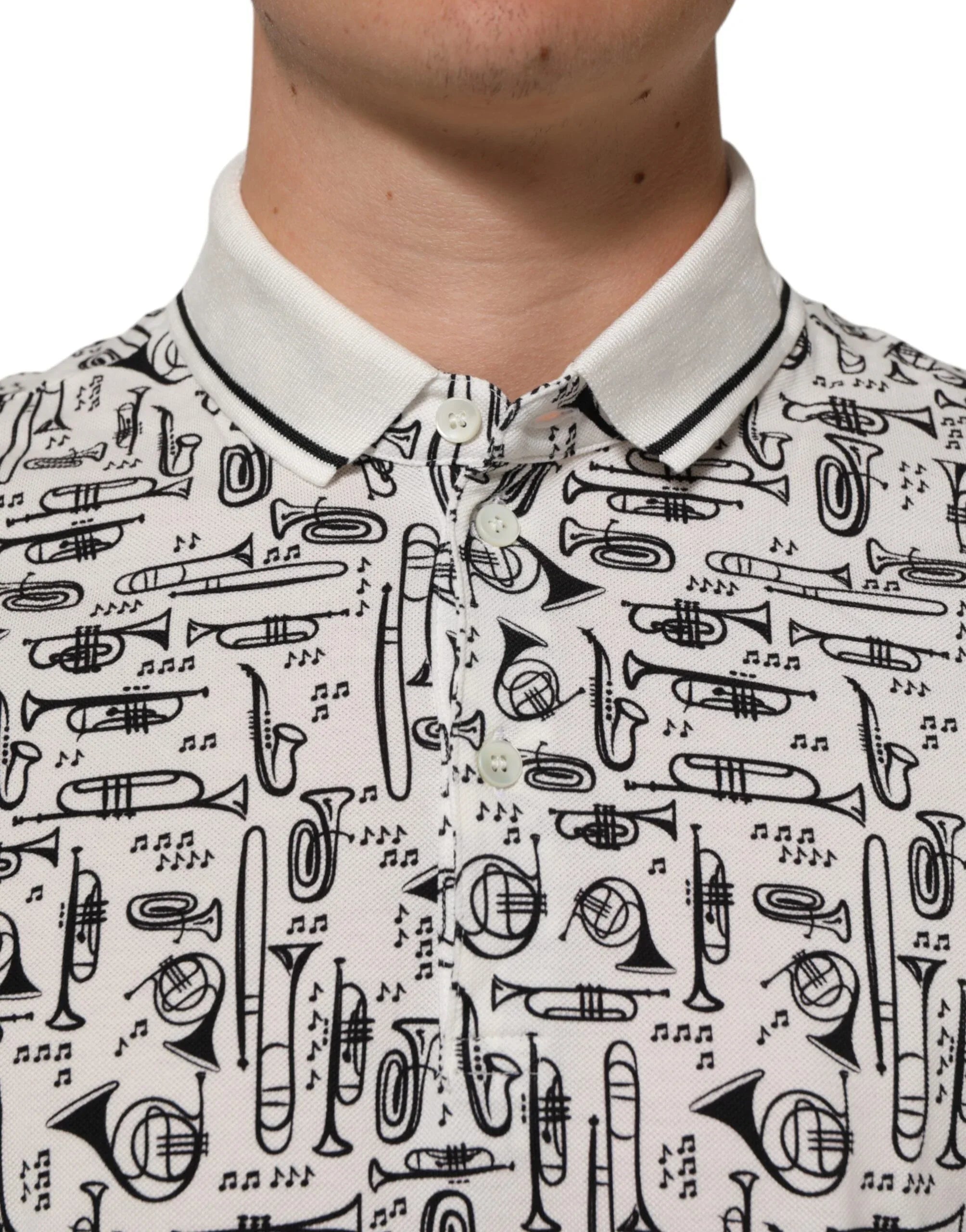 Dolce & Gabbana White Musical Print Collared Polo T-shirt - Zeiniez