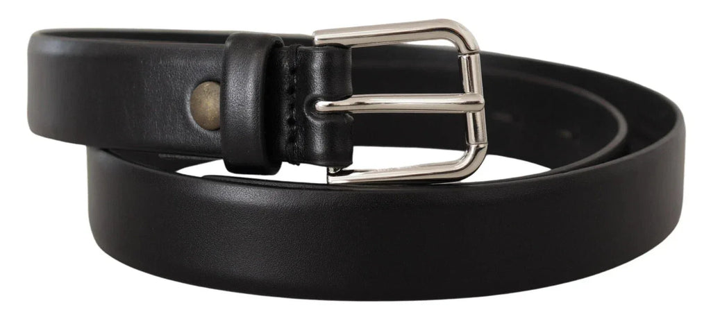 Dolce & Gabbana Black Calf Leather Silver Tone Logo Buckle Belt - Zeiniez