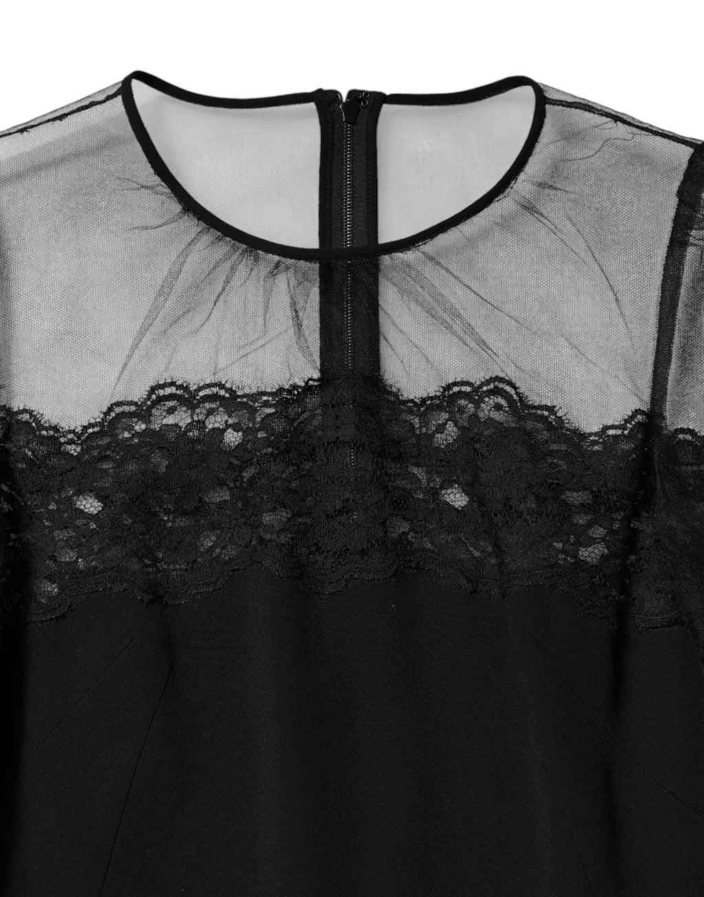 Dolce & Gabbana Black Lace Trim Nylon Tulle SheathMidi Dress